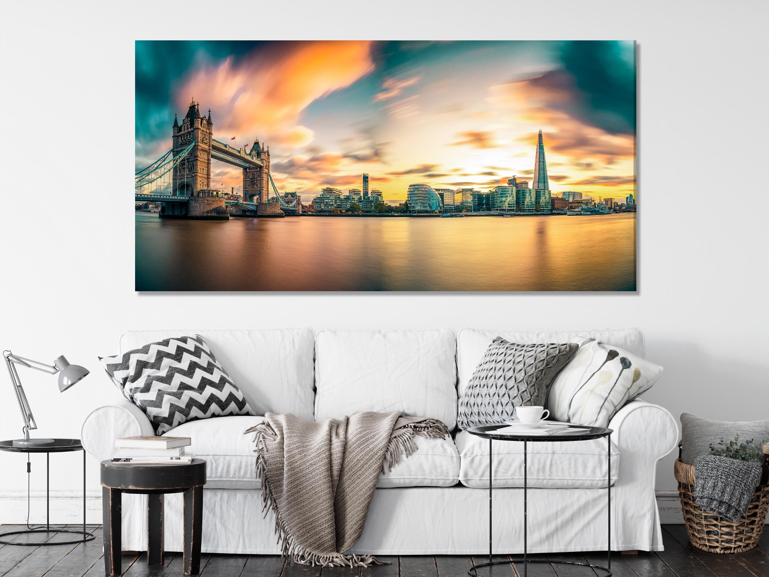 London Skyline Canvas Print, Tower Bridge and The Shard Wall Art, Large London Cityscape, Sunset over Thames River, Iconic British Art Print
