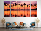 Tropical Palm Trees and Sunset Canvas, 3-Panel Coastal Decor, Vibrant Beach Sunset Wall Art, Ocean-Themed Home Decor for Living Room