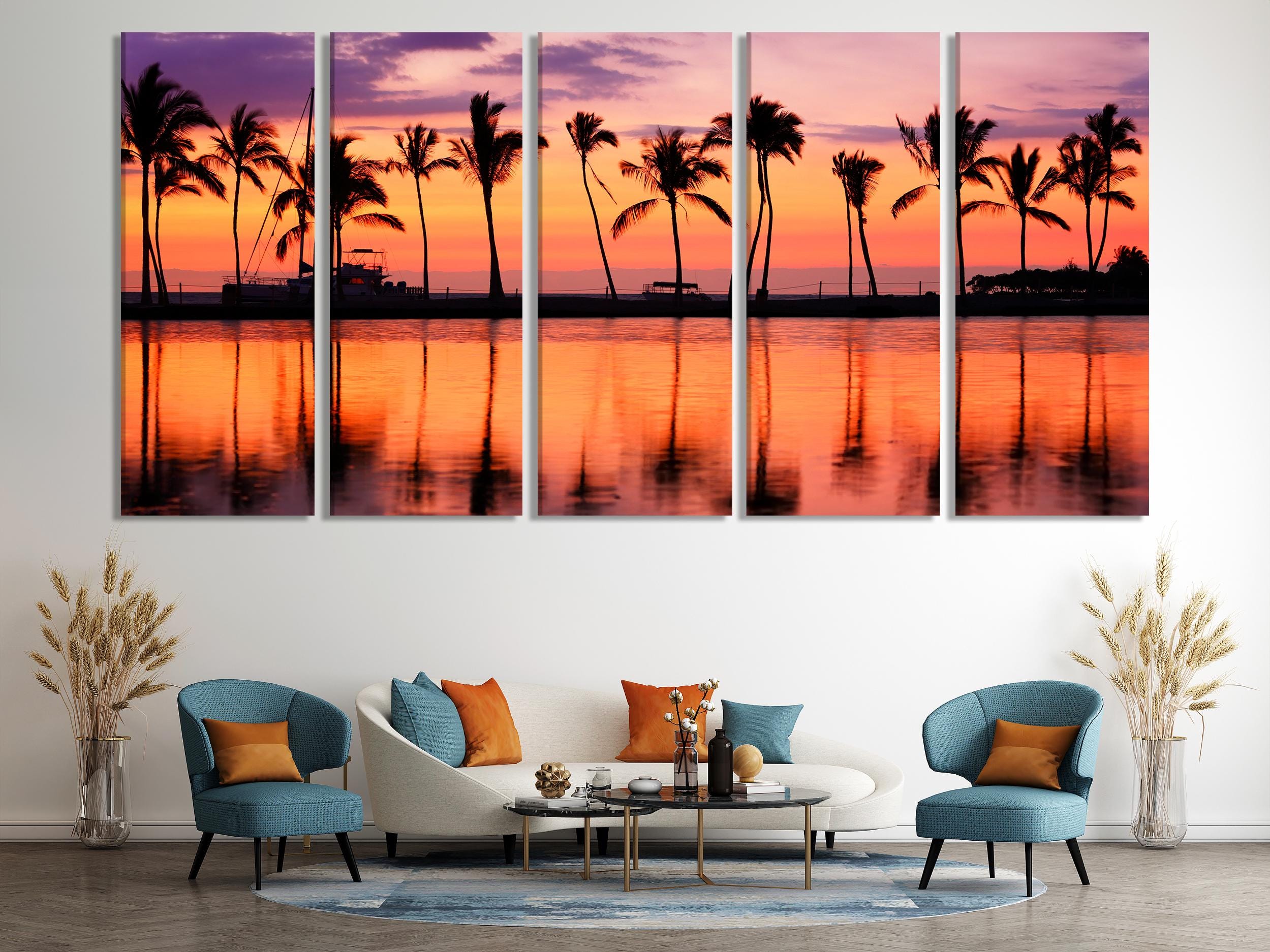Tropical Palm Trees and Sunset Canvas, 3-Panel Coastal Decor, Vibrant Beach Sunset Wall Art, Ocean-Themed Home Decor for Living Room