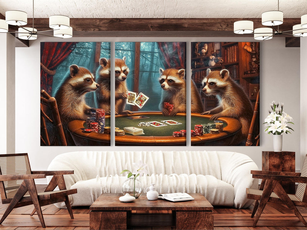Raccoons Playing Poker Wall Art - Man Cave Wall Decor, Poker Room Wall Art, Game Room Wall Art, Gift for Him, Poker Lover Gift Idea for Home