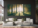 Enchanting forest canvas print highlighting soft sunlight filtering through towering trunks, creating a tranquil painting that complements modern or rustic artwork themes.