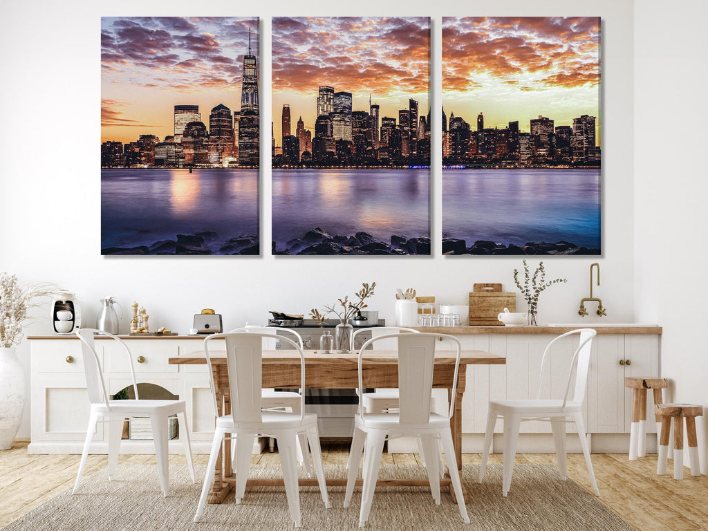 New York City Skyline Canvas Print – Majestic Sunset Over Manhattan, Large Urban Wall Art for Modern Home or Office Decor