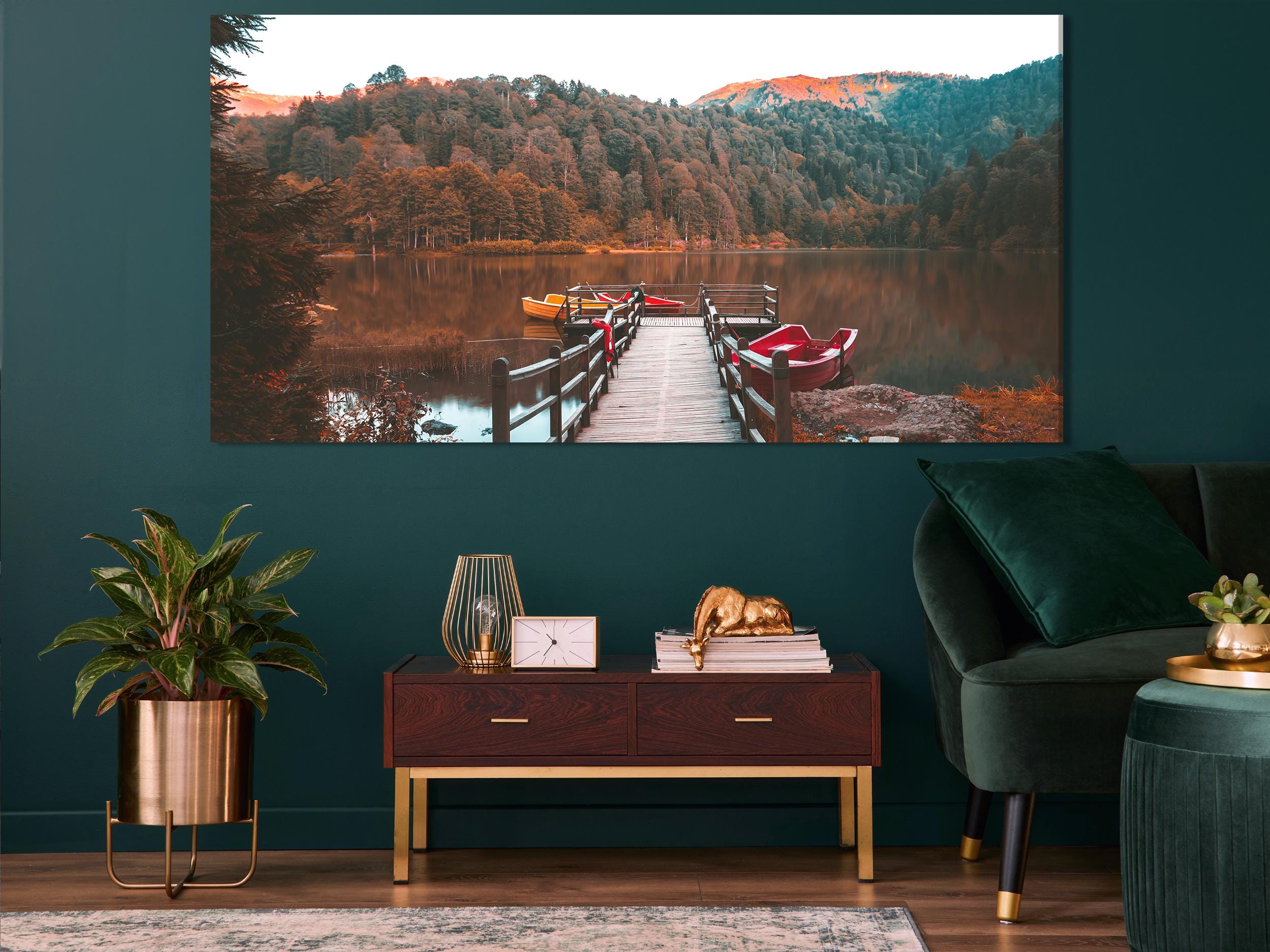 Autumn Lake Triptych Canvas Art - Wooden Dock and Boats Wall Art, Mountain Landscape Print, Fall Nature Art Print, Large 3-Panel Wall Art