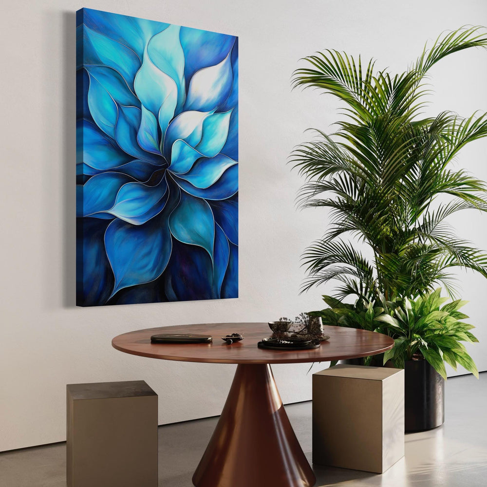 Blue petals abstract canvas art styled in dining nook