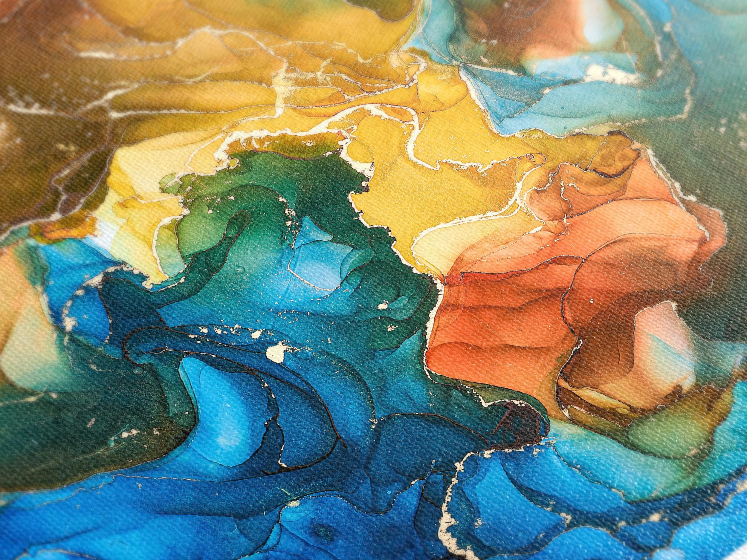 Close-up detail of alcohol ink textures and pigment gradients on canvas