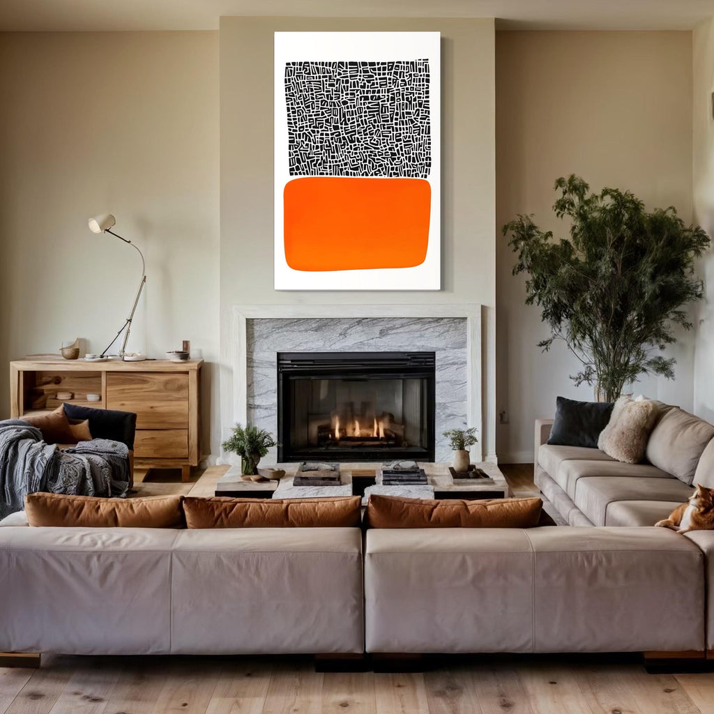 Abstract Print - Mid Century Modern Wall Art, Extra Large Abstract Canvas Print, Black and Orange Geometric Artwork, Birthday Gift for Mum