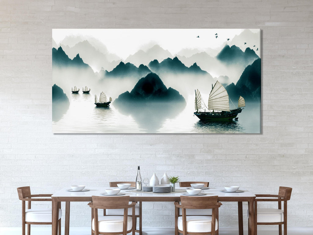 Foggy Mountains Wall Art - Chinese Junk Boats Canvas Print, Large 5 Panel Asian Landscape, Serene Water Scene Artwork, Tranquil Nature Decor