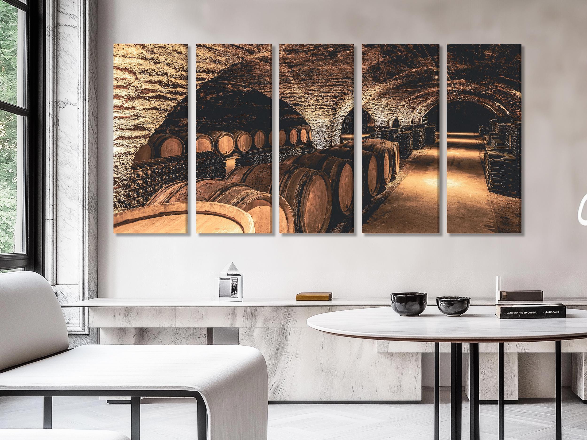 Wine Cellar Canvas Print, Rustic Barrel Wall Art, Vintage Winery Decor, Large 3 Panel Wine Artwork, Vineyard Cellar Landscape Canvas Print