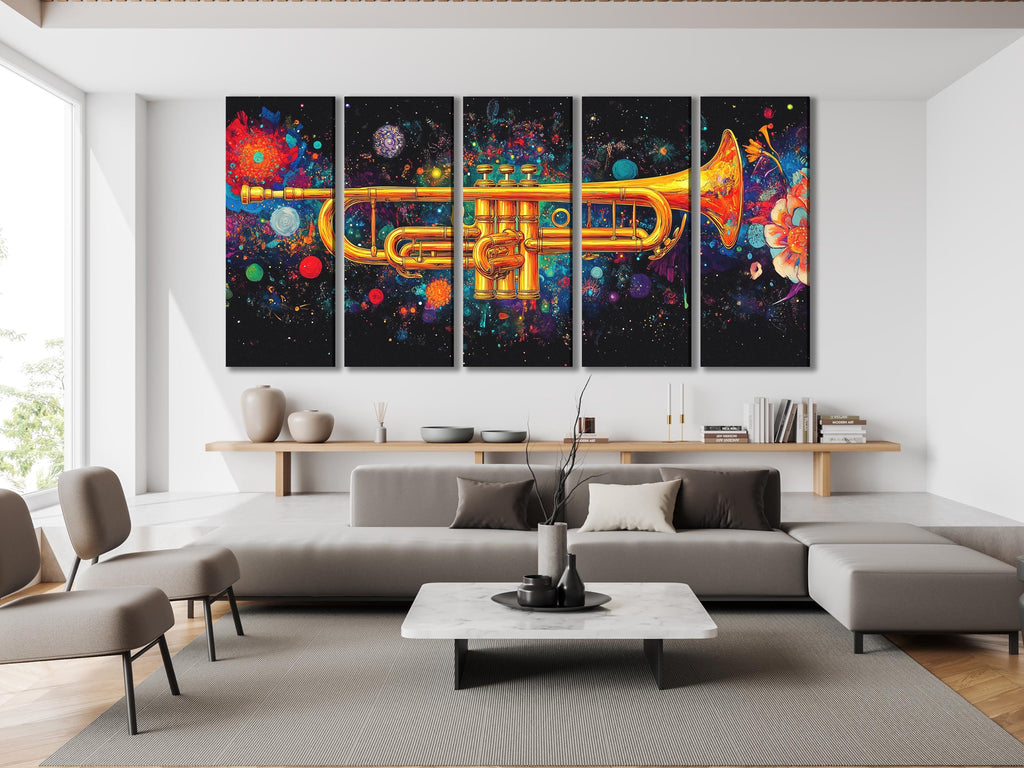 Art mural Trompette - Impression sur toile colorée de jazz, œuvre d'art abstraite d'instrument de musique, cadeau pour musicien, décor de studio, art mural moderne pour salon
