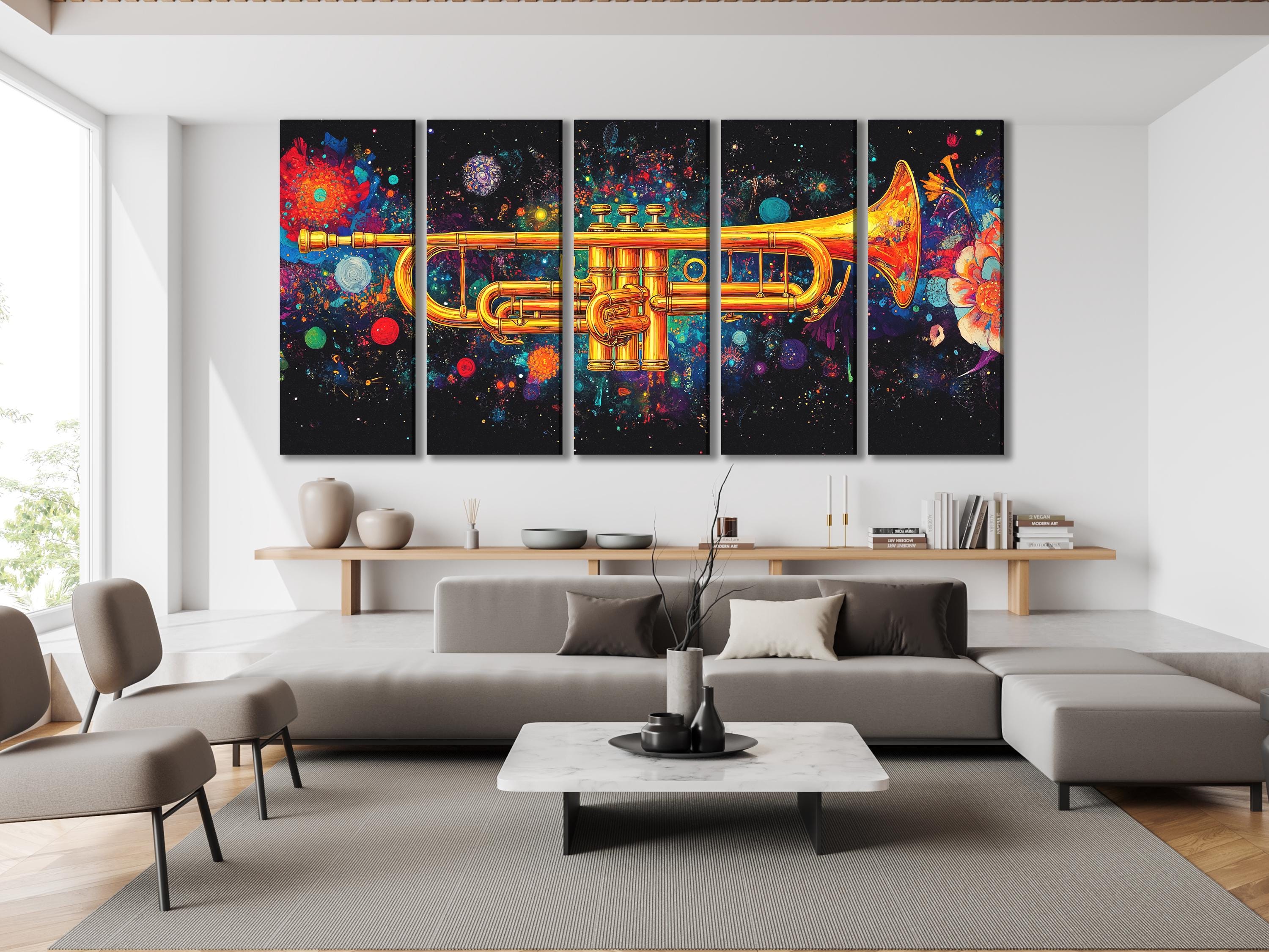 Art mural Trompette - Impression sur toile colorée de jazz, œuvre d'art abstraite d'instrument de musique, cadeau pour musicien, décor de studio, art mural moderne pour salon