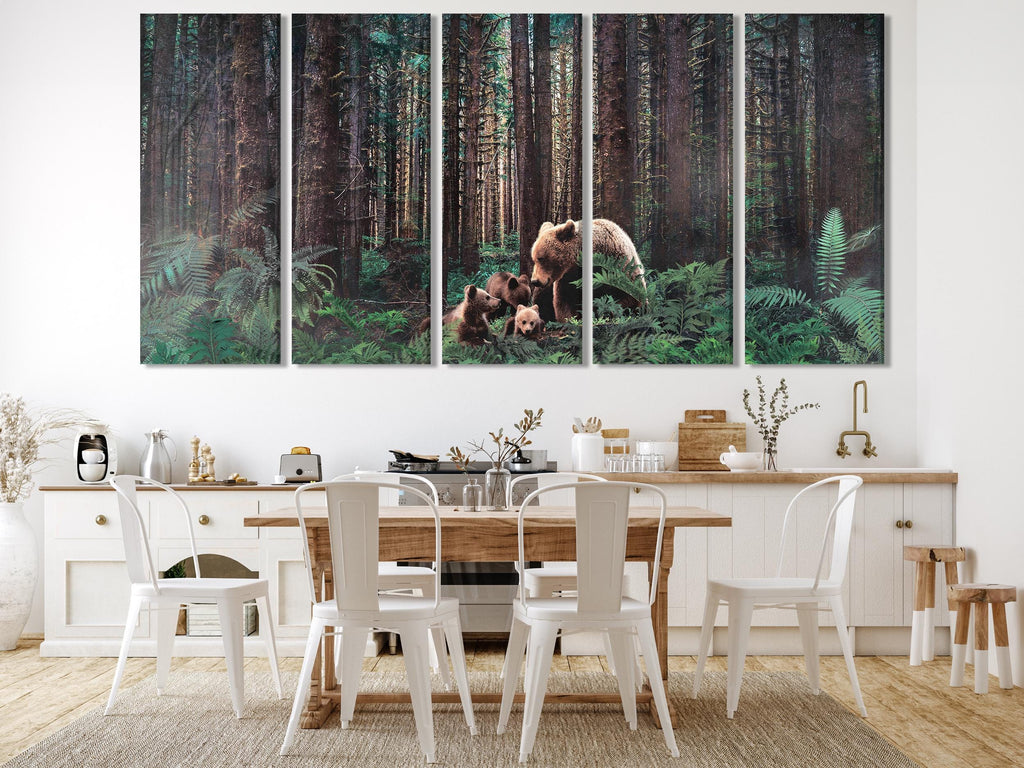 Forest Bear Family Canvas Wall Art, 3-Panel Woodland Wildlife Print, Rustic Farmhouse Decor, Country Home Woodland-Inspired Wall Art Print