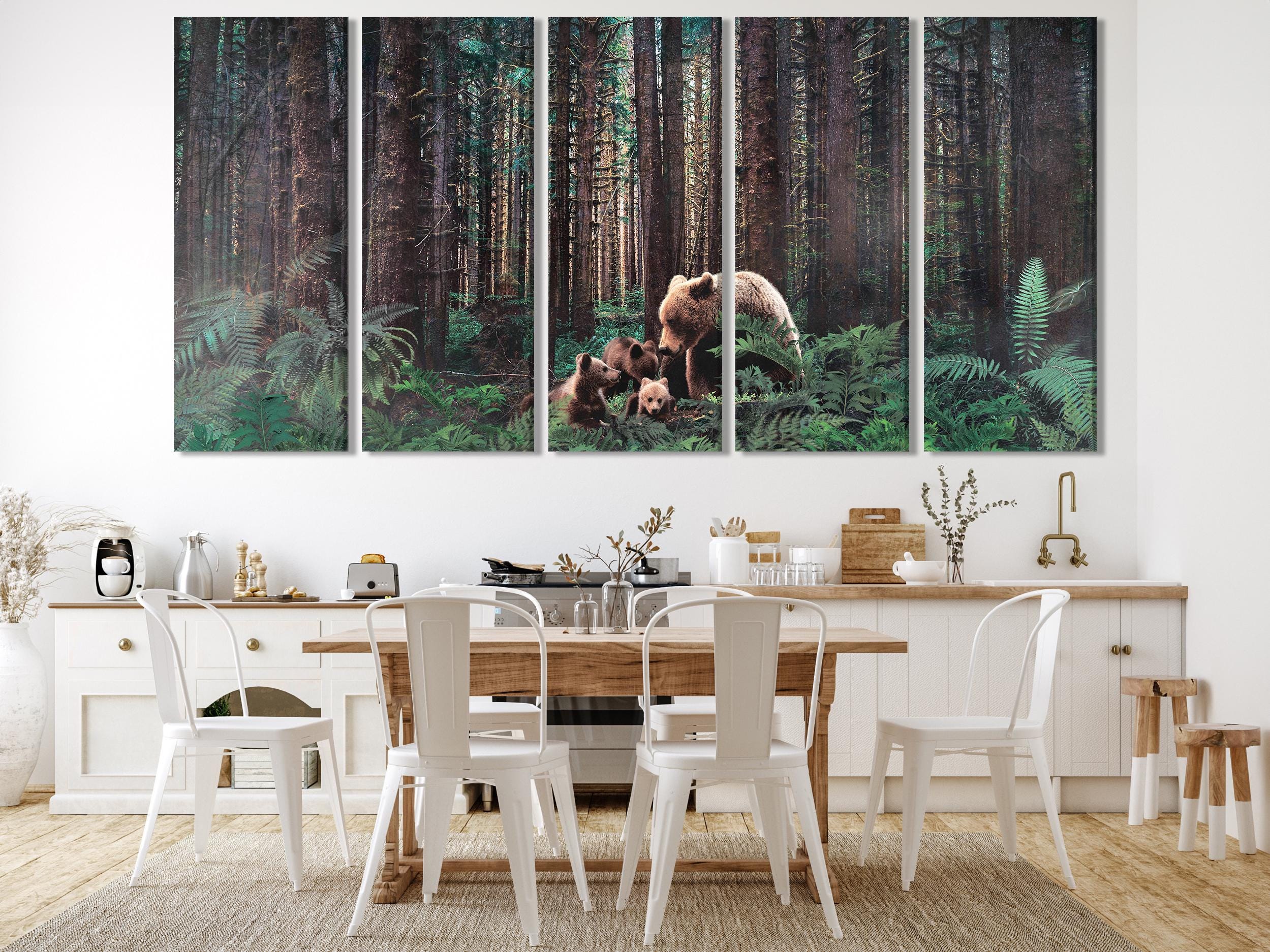 Forest Bear Family Canvas Wall Art, 3-Panel Woodland Wildlife Print, Rustic Farmhouse Decor, Country Home Woodland-Inspired Wall Art Print