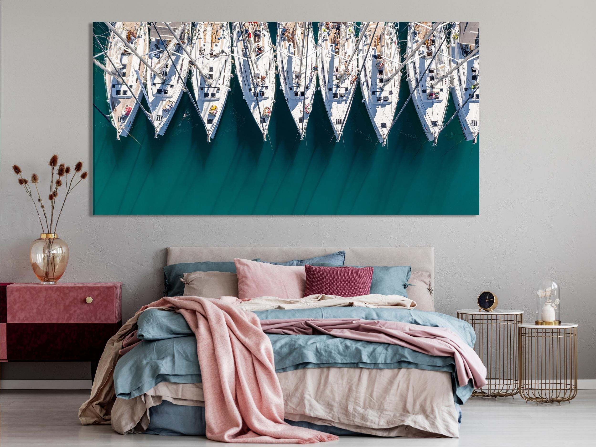 Nautical Boats Aerial View Canvas Wall Art, 5-Panel Coastal Decor, Yacht Marina Print, Modern Sailing Wall Art for Living Room or Dining