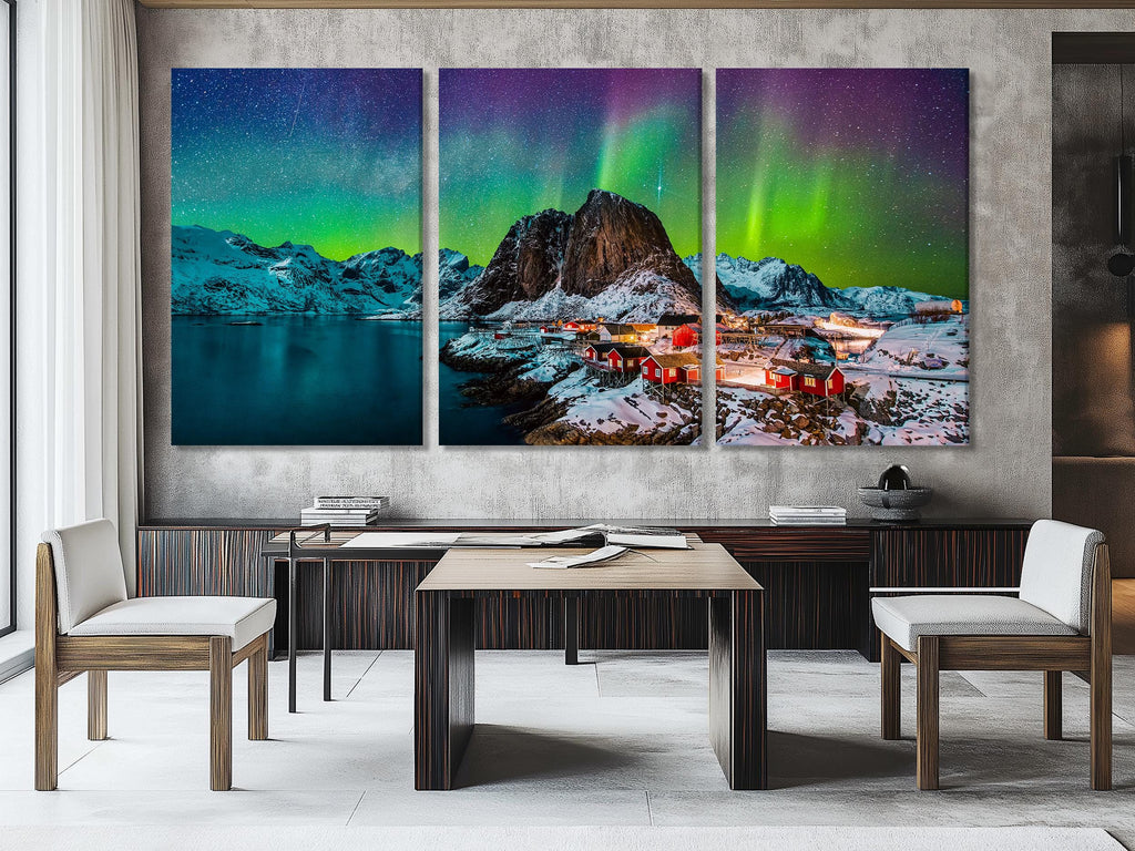 Northern Lights Canvas Print, Arctic Aurora Borealis Over Lofoten, Norwegian Winter Art, Red Cabins and Snowy Mountains, Large Nordic Decor