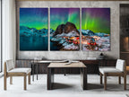 Northern Lights Canvas Print, Arctic Aurora Borealis Over Lofoten, Norwegian Winter Art, Red Cabins and Snowy Mountains, Large Nordic Decor