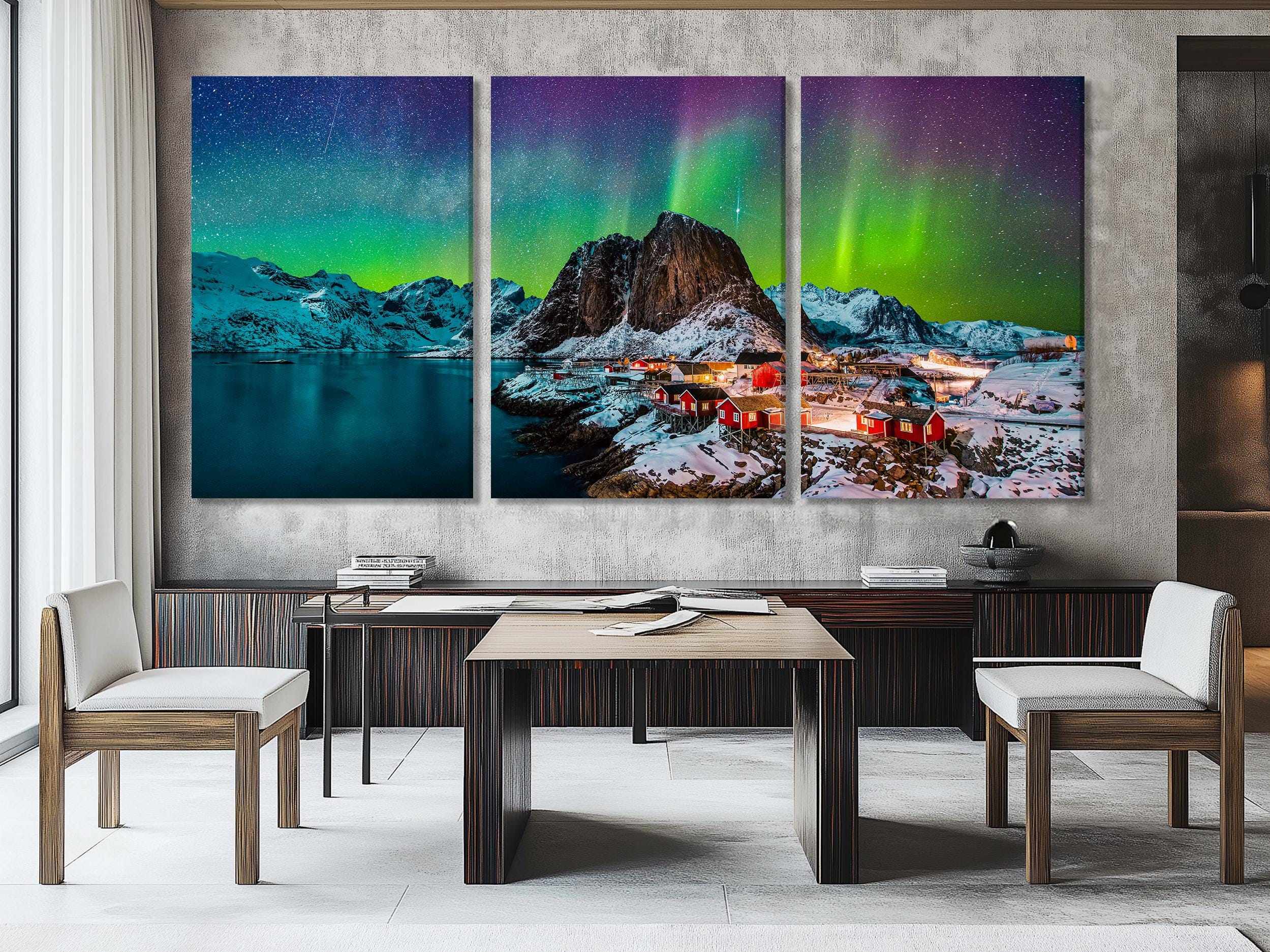 Northern Lights Canvas Print, Arctic Aurora Borealis Over Lofoten, Norwegian Winter Art, Red Cabins and Snowy Mountains, Large Nordic Decor