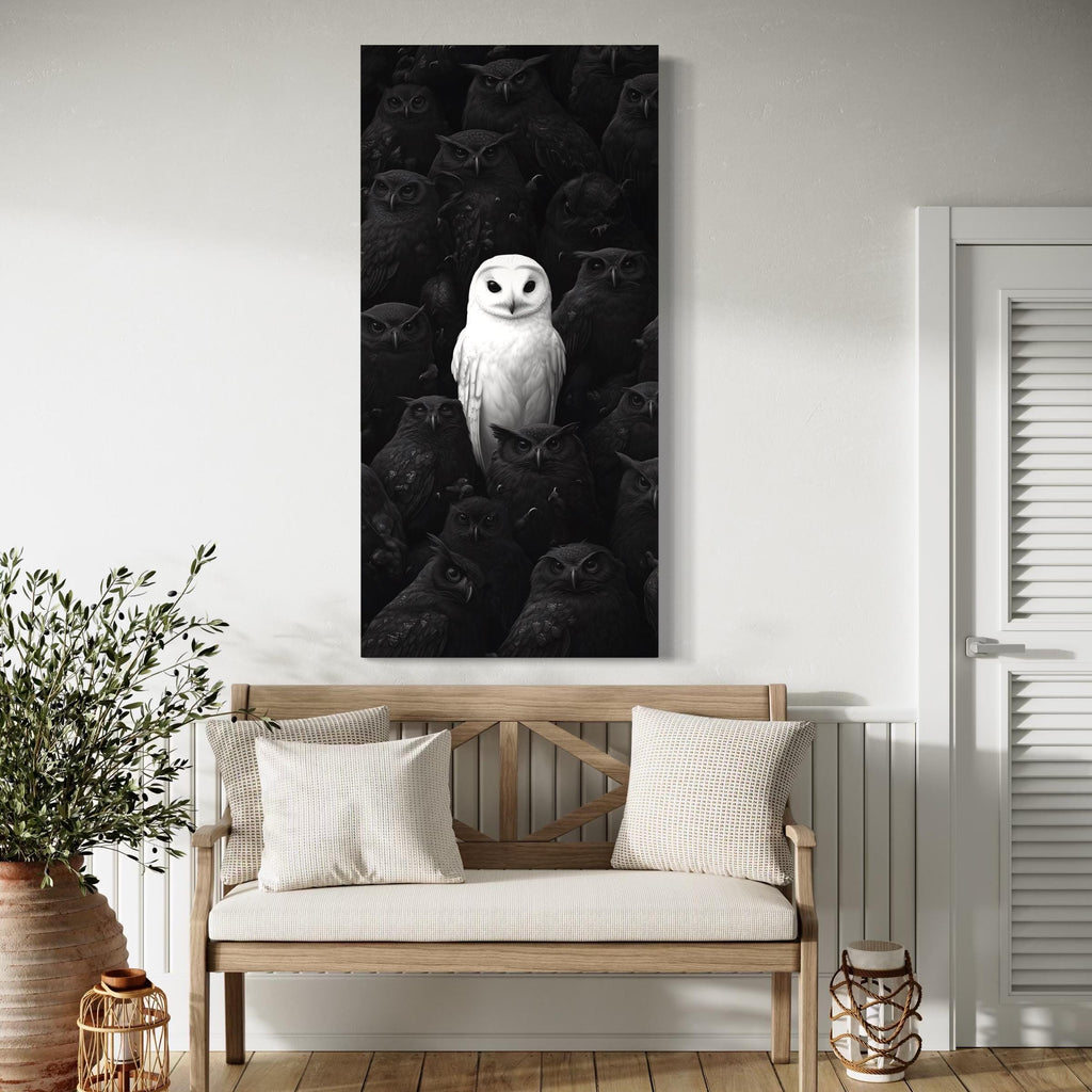 Witte uil canvas kunst - zwart-witte uil wandkunst, moderne uil kunstprint voor eigentijds interieur, uilenliefhebber cadeau voor thuisdecoratie