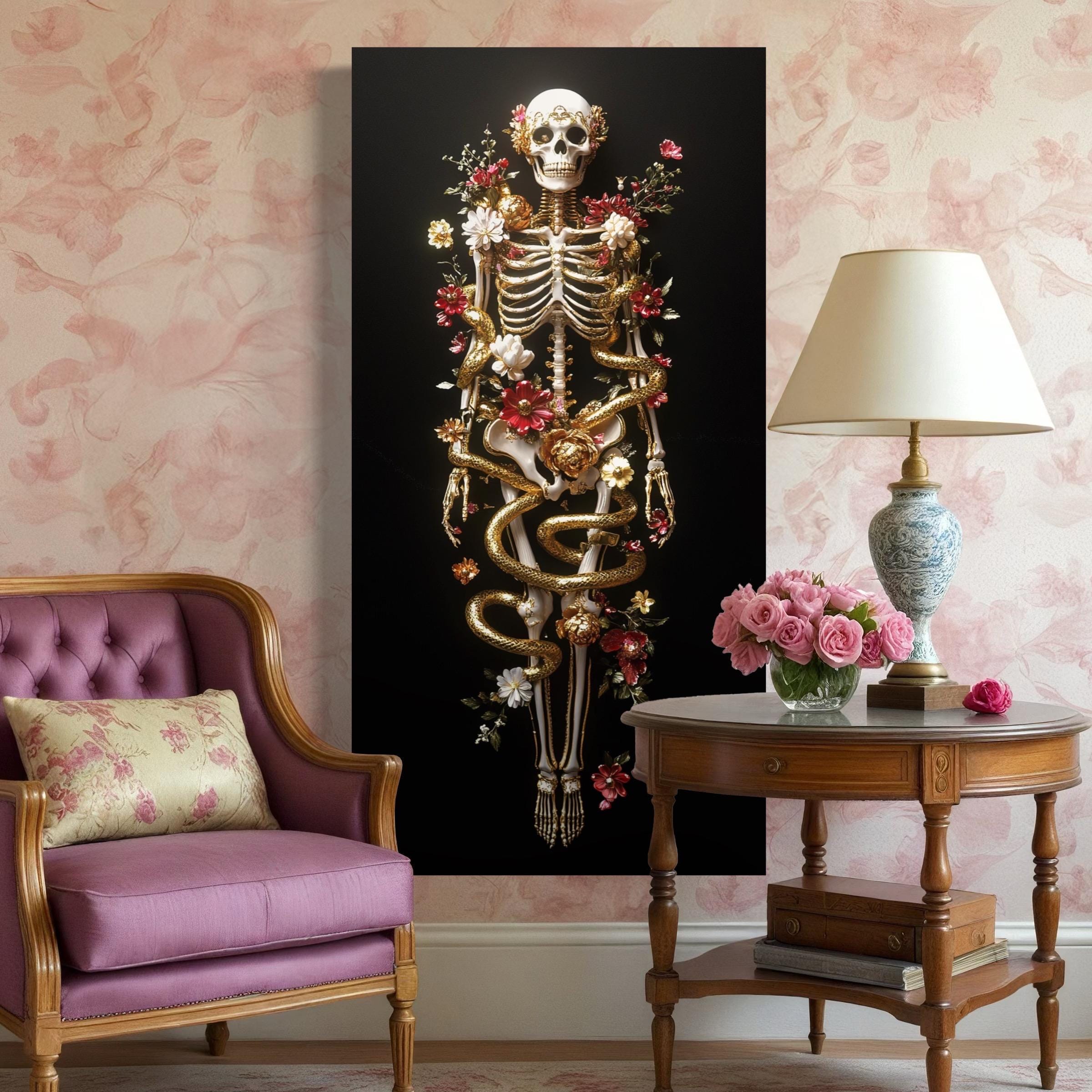 Floral skeleton with gold serpent on black, canvas print.