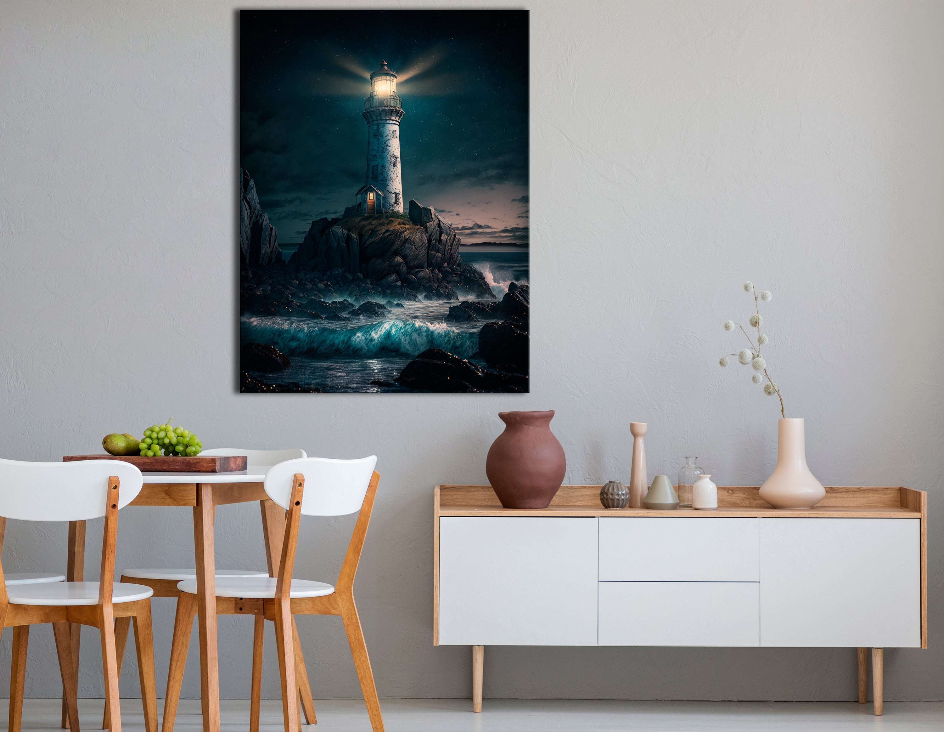 Dark Night Sky over Lighthouse on the Rocky Island - Canvas Print - Artoholica Ready to Hang Canvas Print