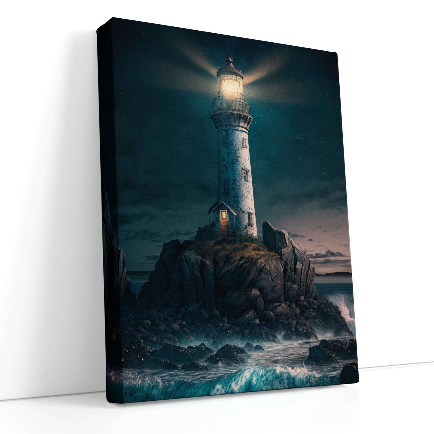 Dark Night Sky over Lighthouse on the Rocky Island - Canvas Print - Artoholica Ready to Hang Canvas Print