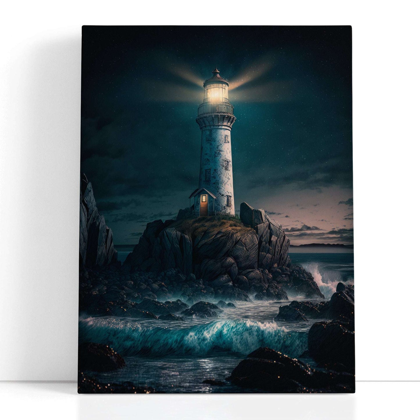 Dark Night Sky over Lighthouse on the Rocky Island - Canvas Print - Artoholica Ready to Hang Canvas Print