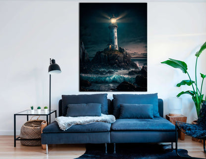 Dark Night Sky over Lighthouse on the Rocky Island - Canvas Print - Artoholica Ready to Hang Canvas Print