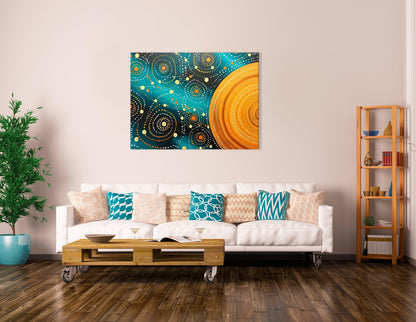 Dark Teal and Gold Dot Art Cosmic Landscape - Canvas Print - Artoholica Ready to Hang Canvas Print