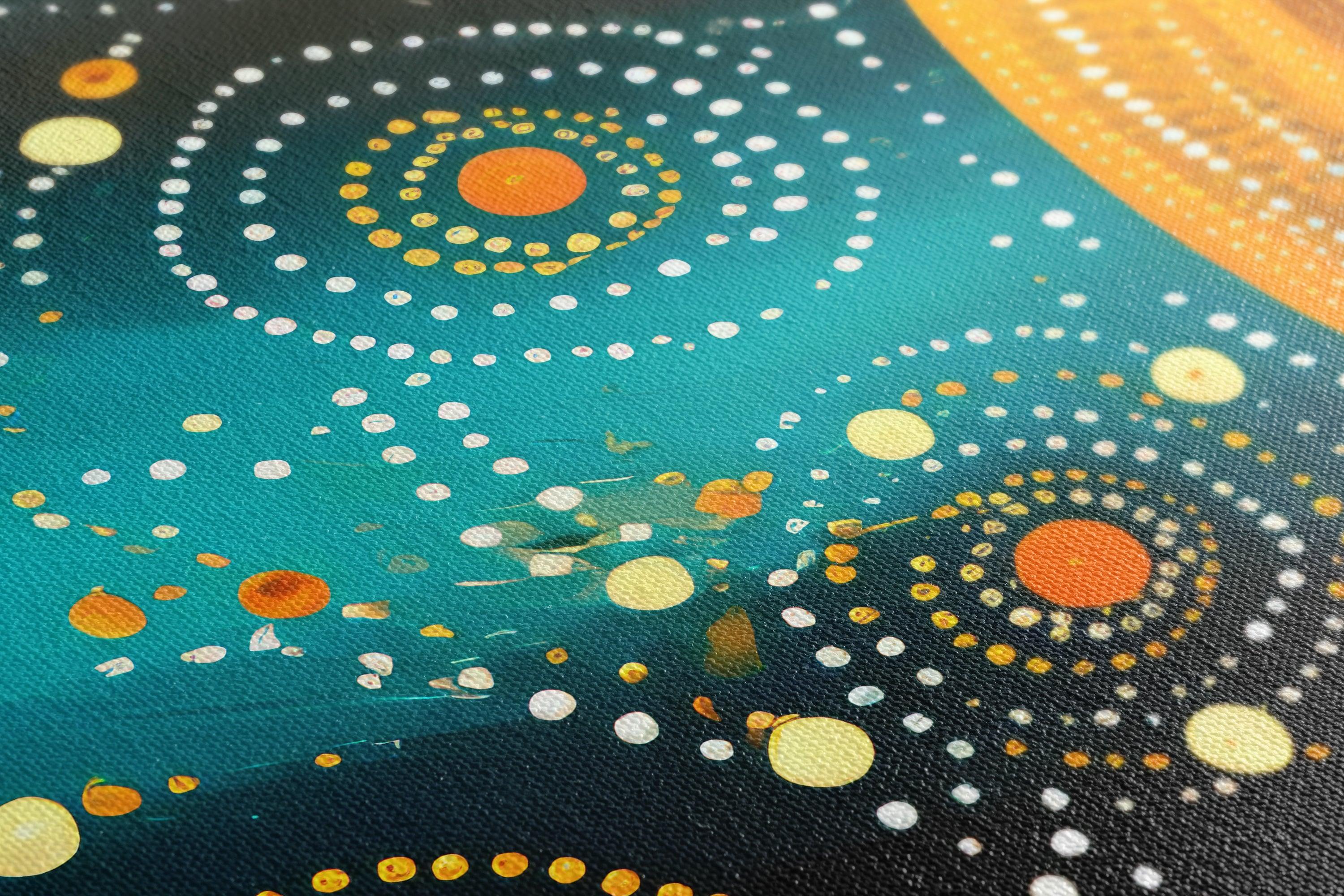 Dark Teal and Gold Dot Art Cosmic Landscape - Canvas Print - Artoholica Ready to Hang Canvas Print