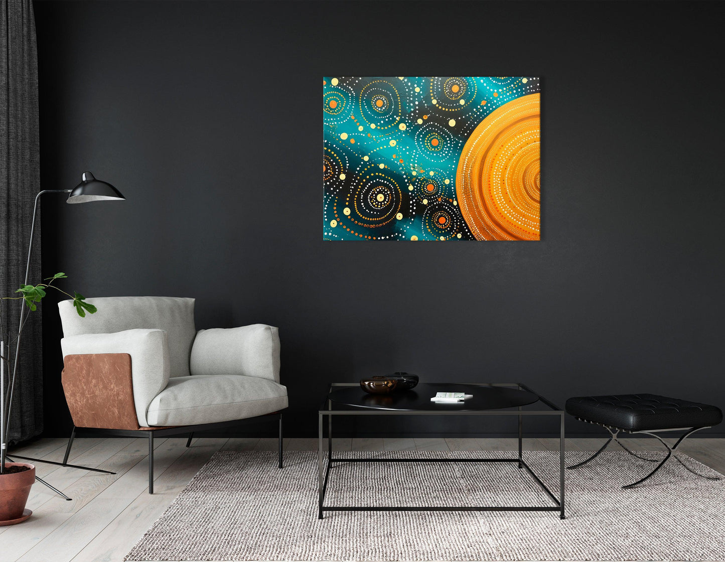 Dark Teal and Gold Dot Art Cosmic Landscape - Canvas Print - Artoholica Ready to Hang Canvas Print