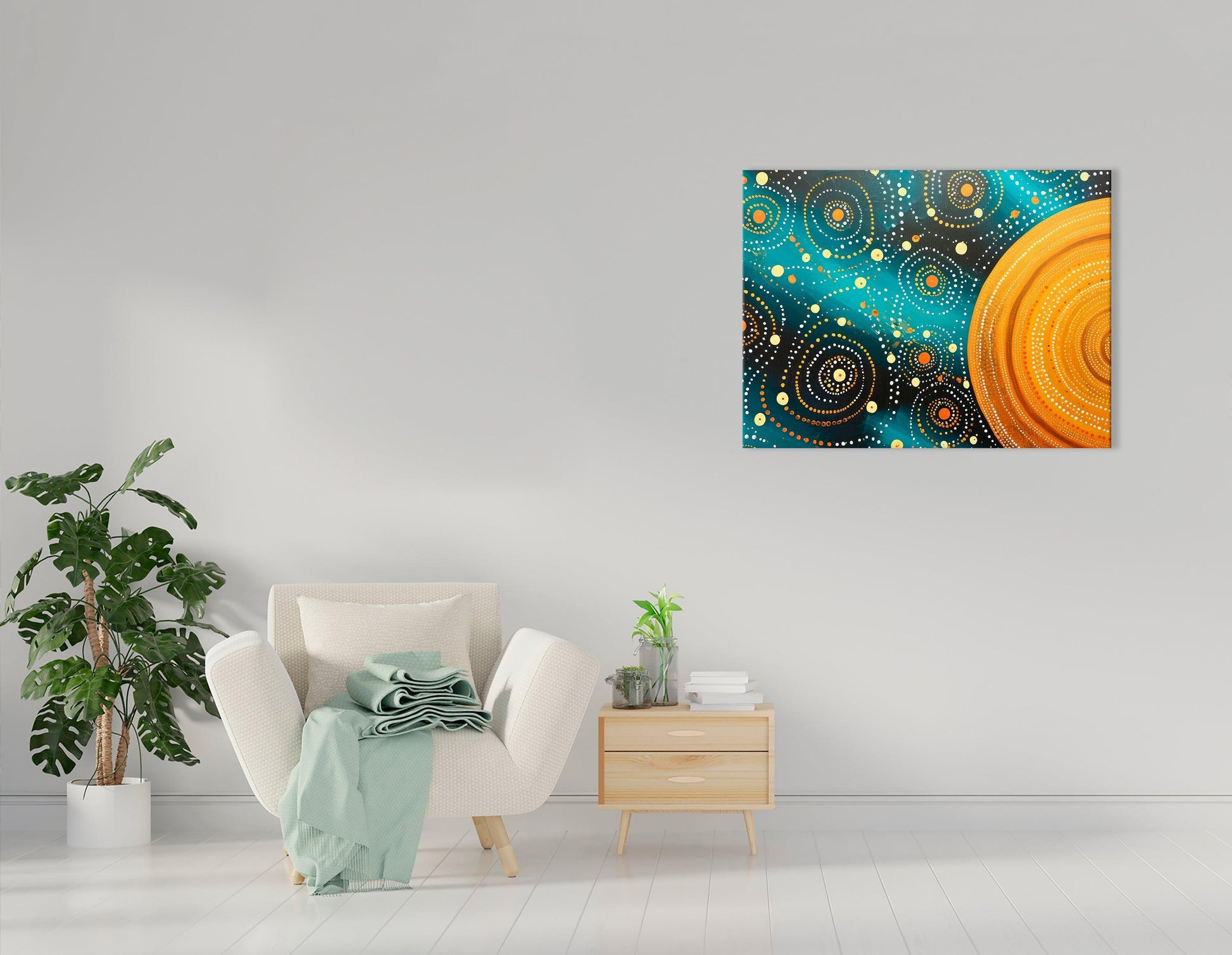 Dark Teal and Gold Dot Art Cosmic Landscape - Canvas Print - Artoholica Ready to Hang Canvas Print