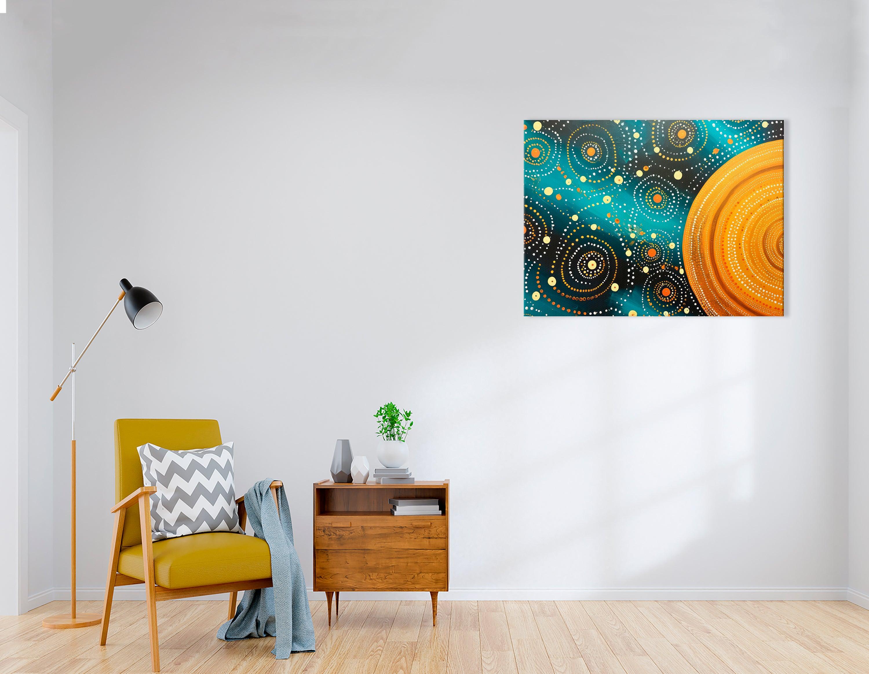 Dark Teal and Gold Dot Art Cosmic Landscape - Canvas Print - Artoholica Ready to Hang Canvas Print