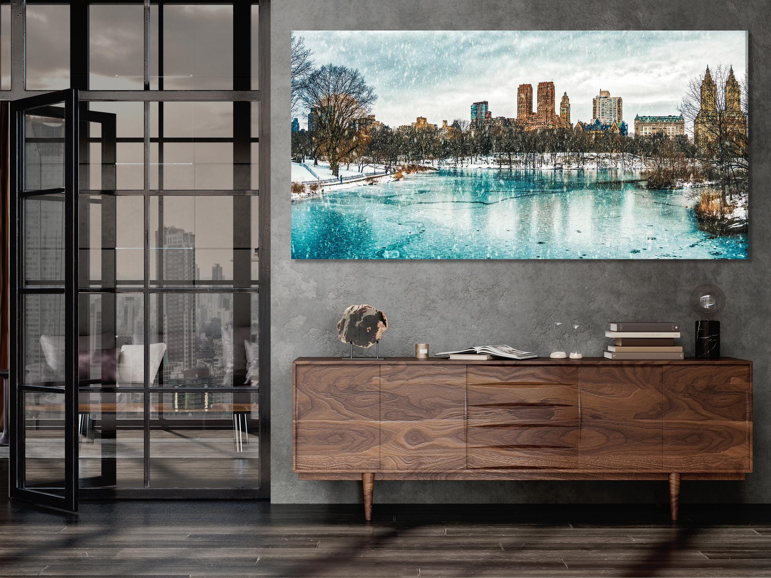 Winter in Central Park Canvas Print, Snowy New York City Landscape Art, Frozen Lake Art, Large Manhattan Wall Decor NYC Skyline Winter Print