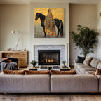 Arabic Wall Art - Black Stallion Canvas Art, Middle Eastern Woman Painting, Luxury Arab Horse Decor, Gold Islamic Artwork, Horse Wall Art