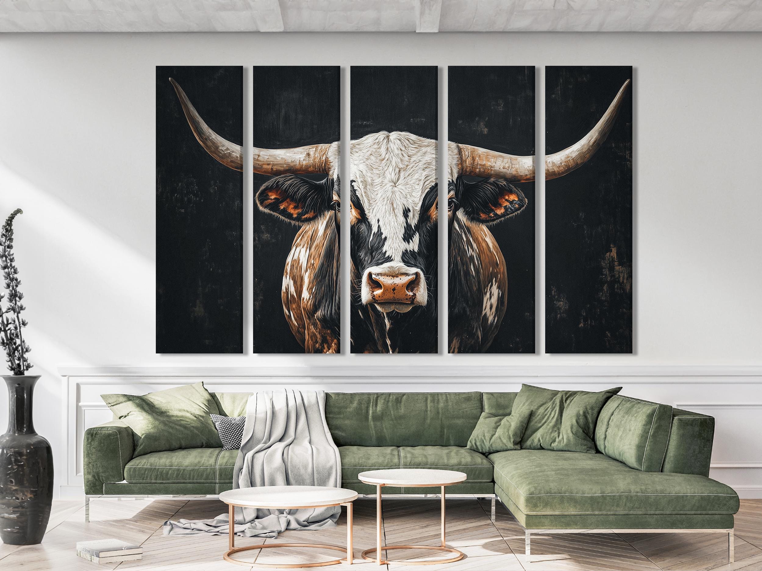Texas Longhorn Cow Wall Art - Farmhouse Wall Decor, Extra Large Wall Art, Longhorn Cow Print, Rustic Bull Painting Longhorn Cow Canvas Print