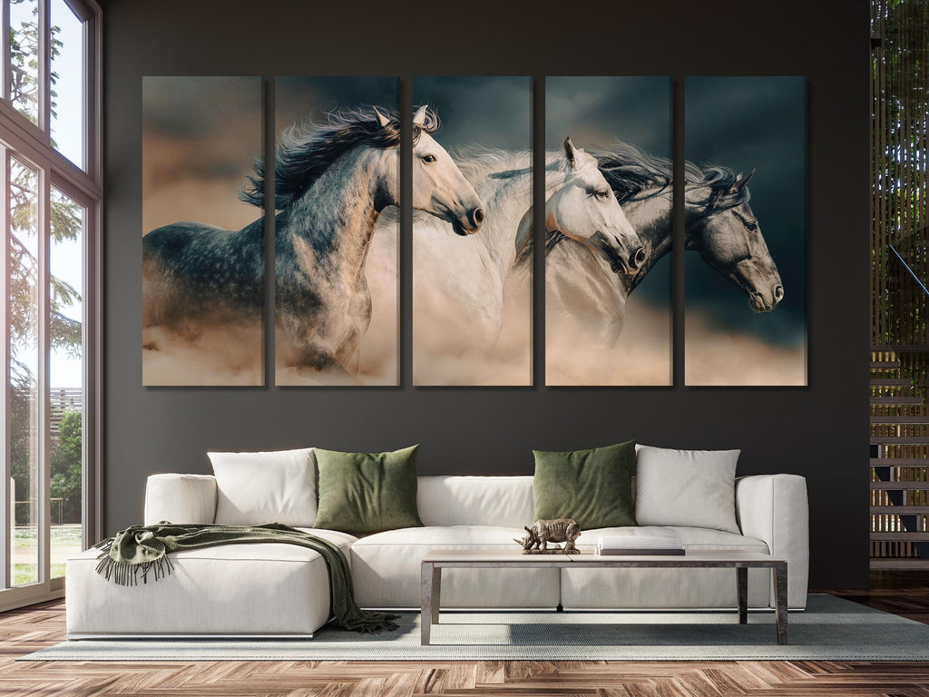 Grand tirage sur toile de chevaux au galop, art mural équestre, œuvre équestre majestueuse, tirage sur toile surdimensionné pour les amoureux des chevaux, décor moderne pour le salon