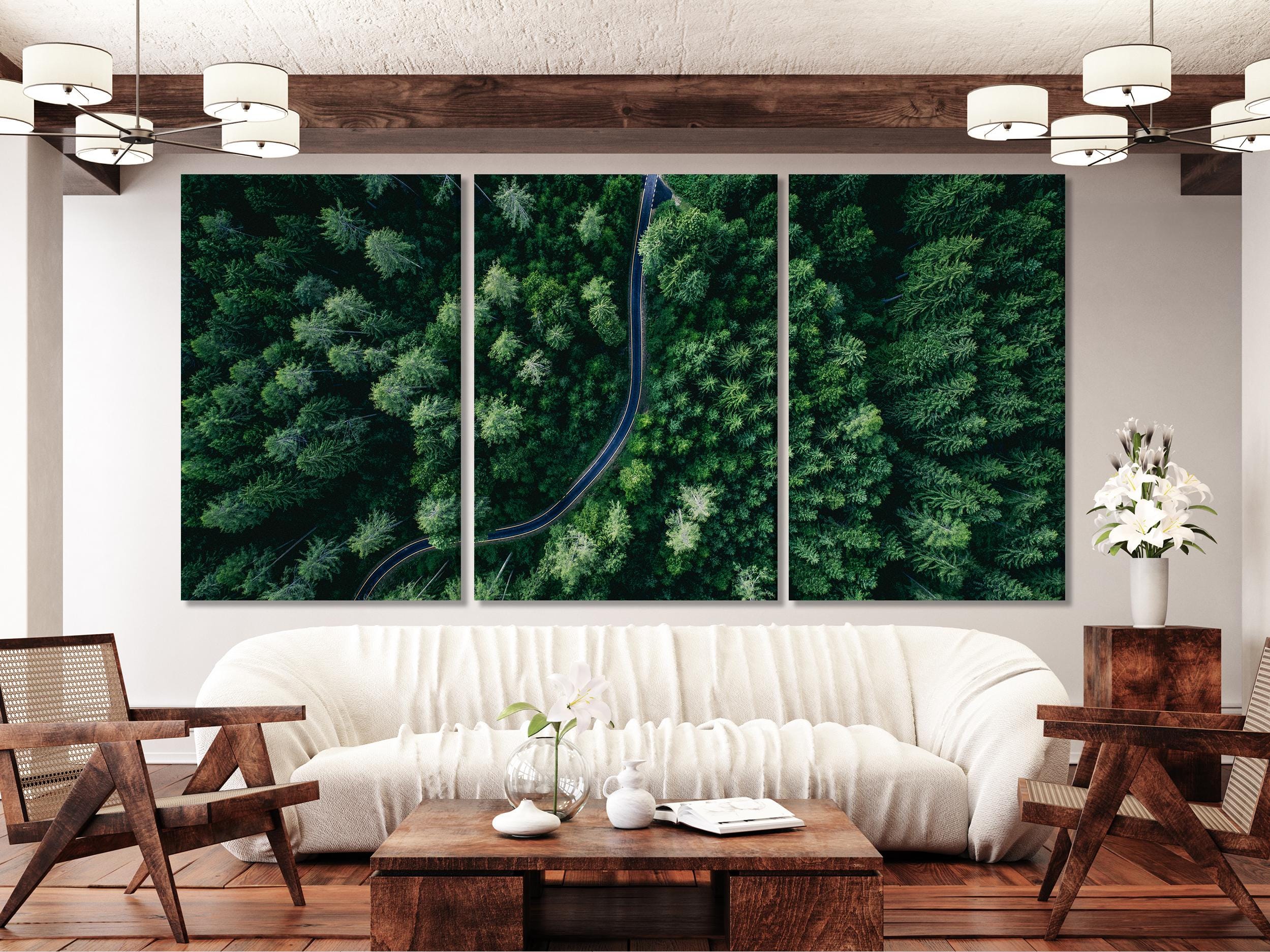 Aerial forest canopy wall art emphasizing lush biophilic greens