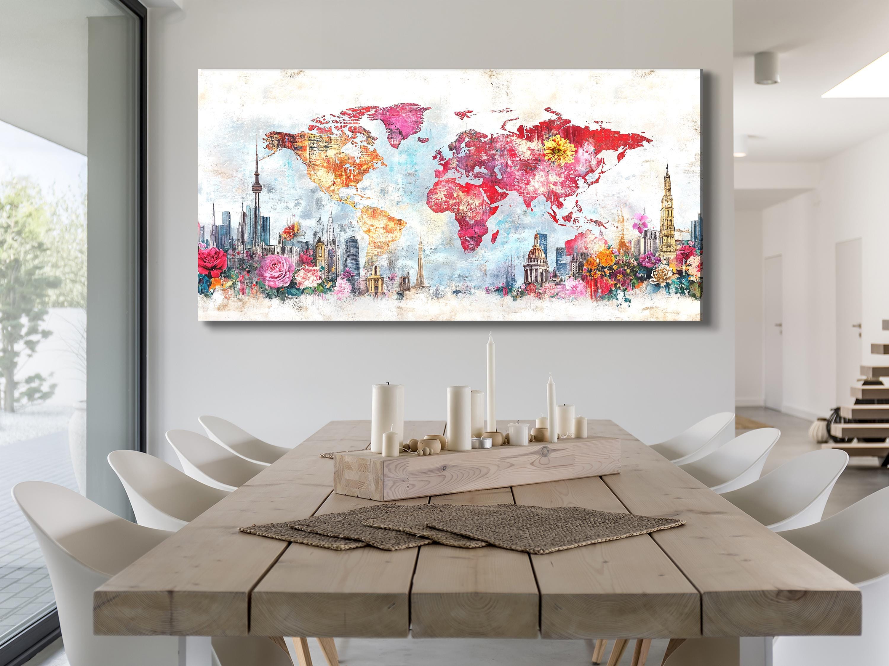 Astratto skyline della città, mappa del mondo floreale, tela, dipinto di fiori colorati, mappa di viaggio moderna, arte, paesaggio urbano, decorazione da parete per interni di casa