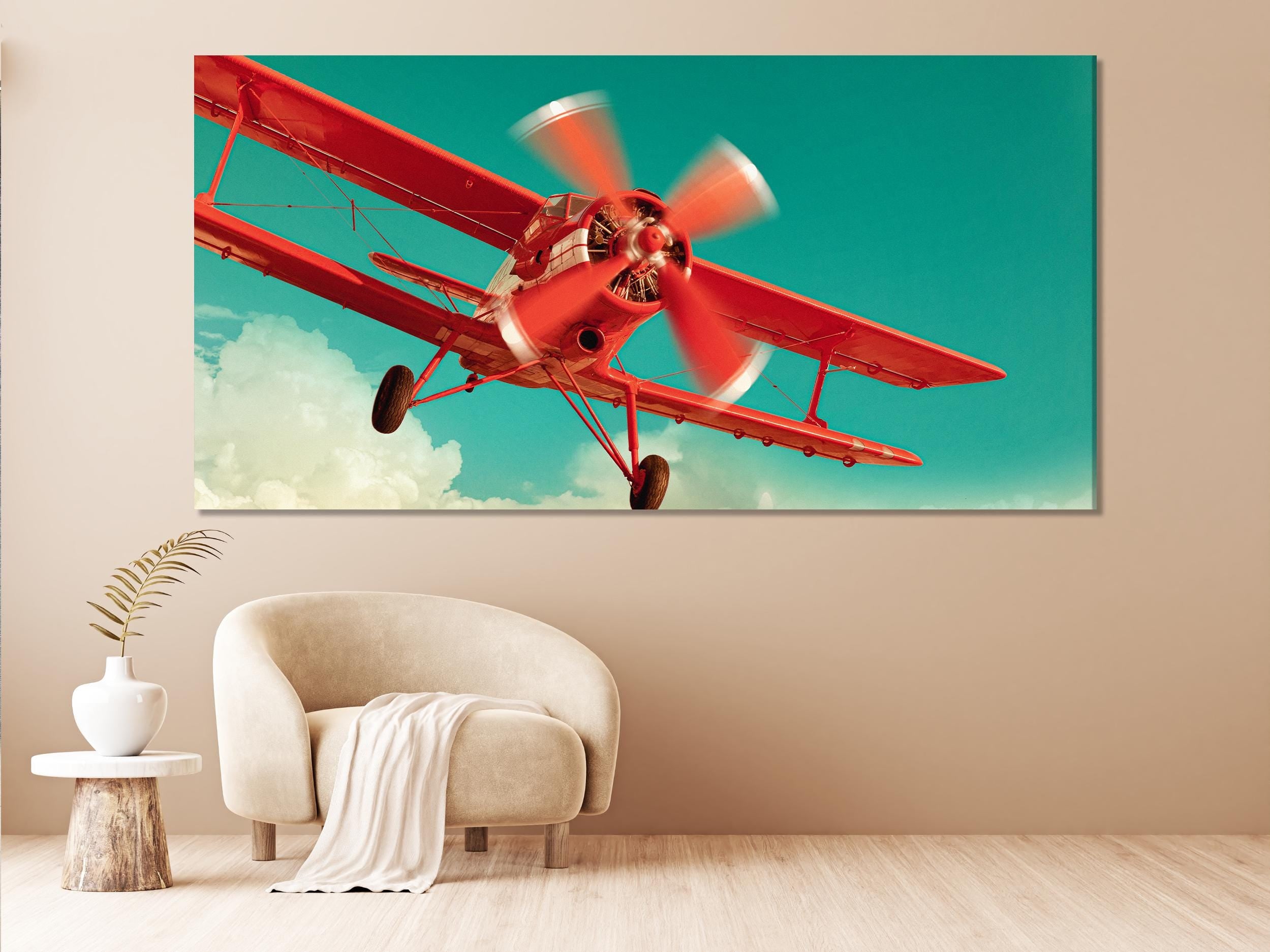 Vintage Red Airplane Canvas Print – Retro Aviation Wall Art, Dynamic Biplane Sky Scene, Modern Aeronautical Decor for Living Room or Office