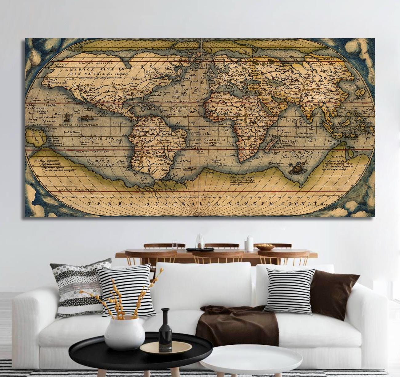 Mappa del mondo vintage da parete - Decorazione da parete rustica per ufficio, stampa su tela con mappa del mondo, decorazione da parete extra large per casa e ufficio