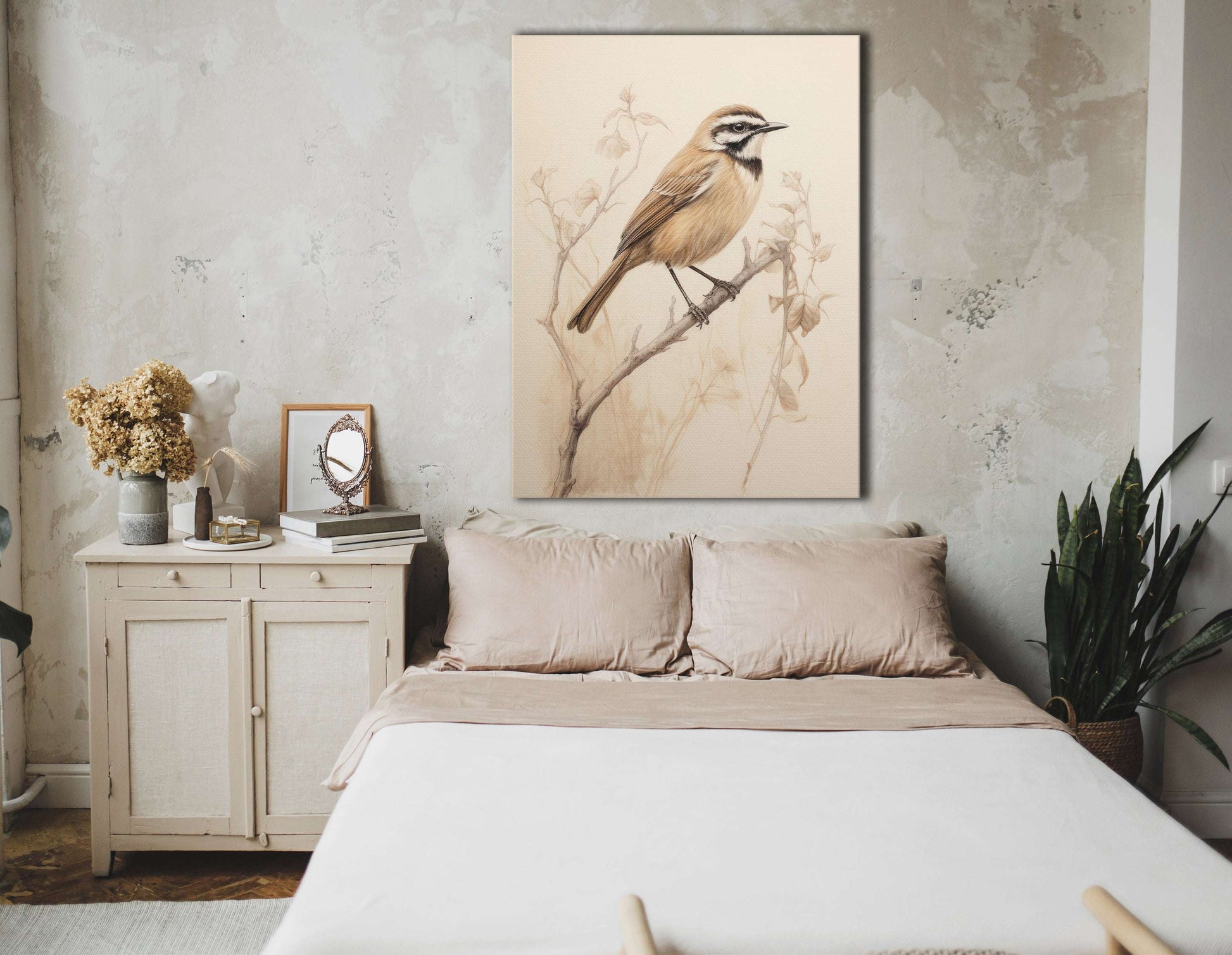 Delicate Bird Sketch Amidst Subtle Blooms - Canvas Print - Artoholica Ready to Hang Canvas Print