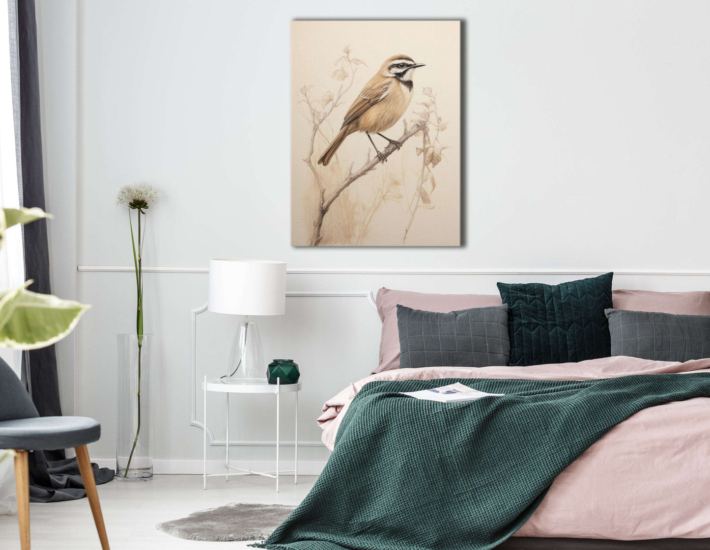 Delicate Bird Sketch Amidst Subtle Blooms - Canvas Print - Artoholica Ready to Hang Canvas Print