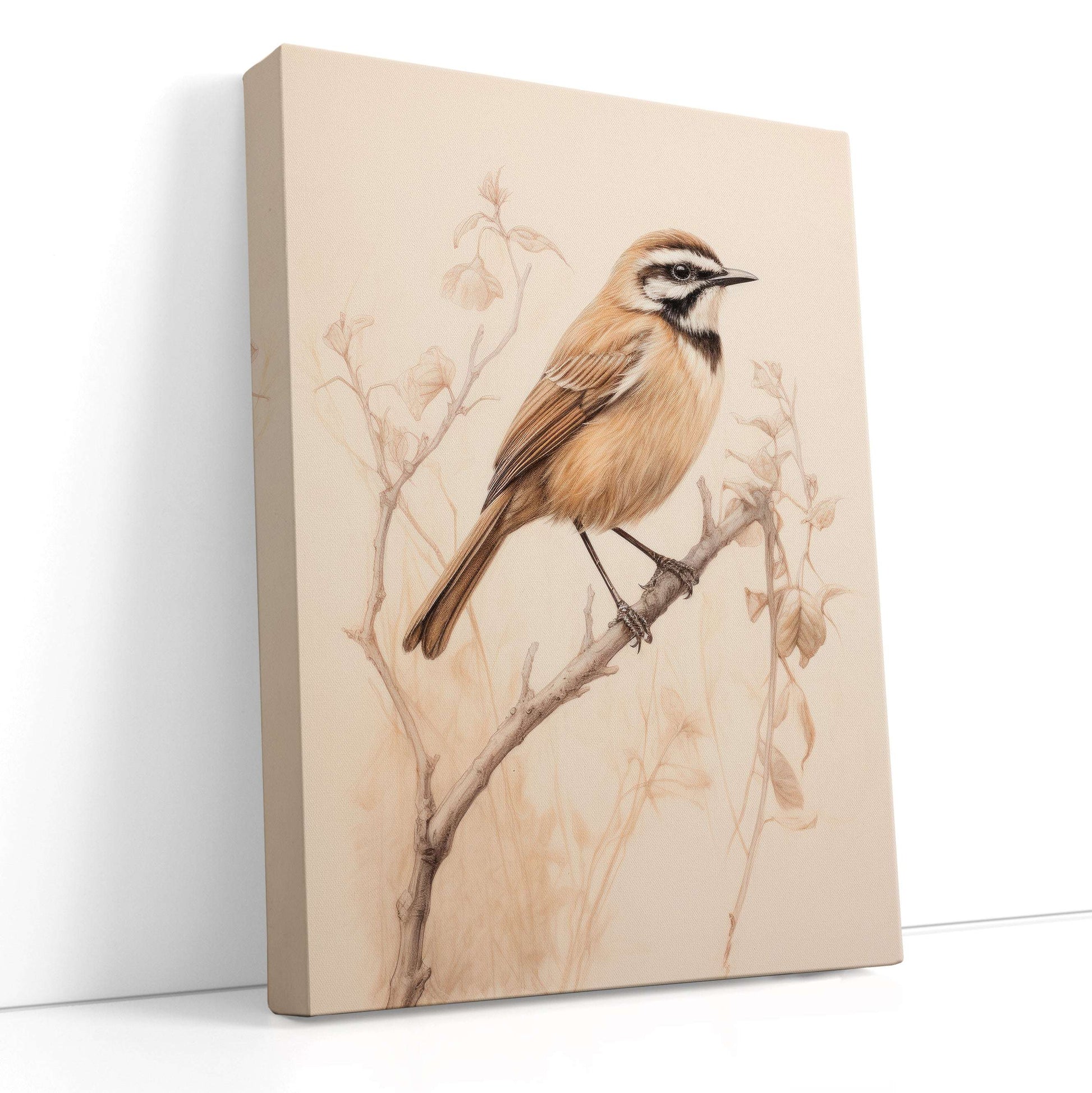 Delicate Bird Sketch Amidst Subtle Blooms - Canvas Print - Artoholica Ready to Hang Canvas Print