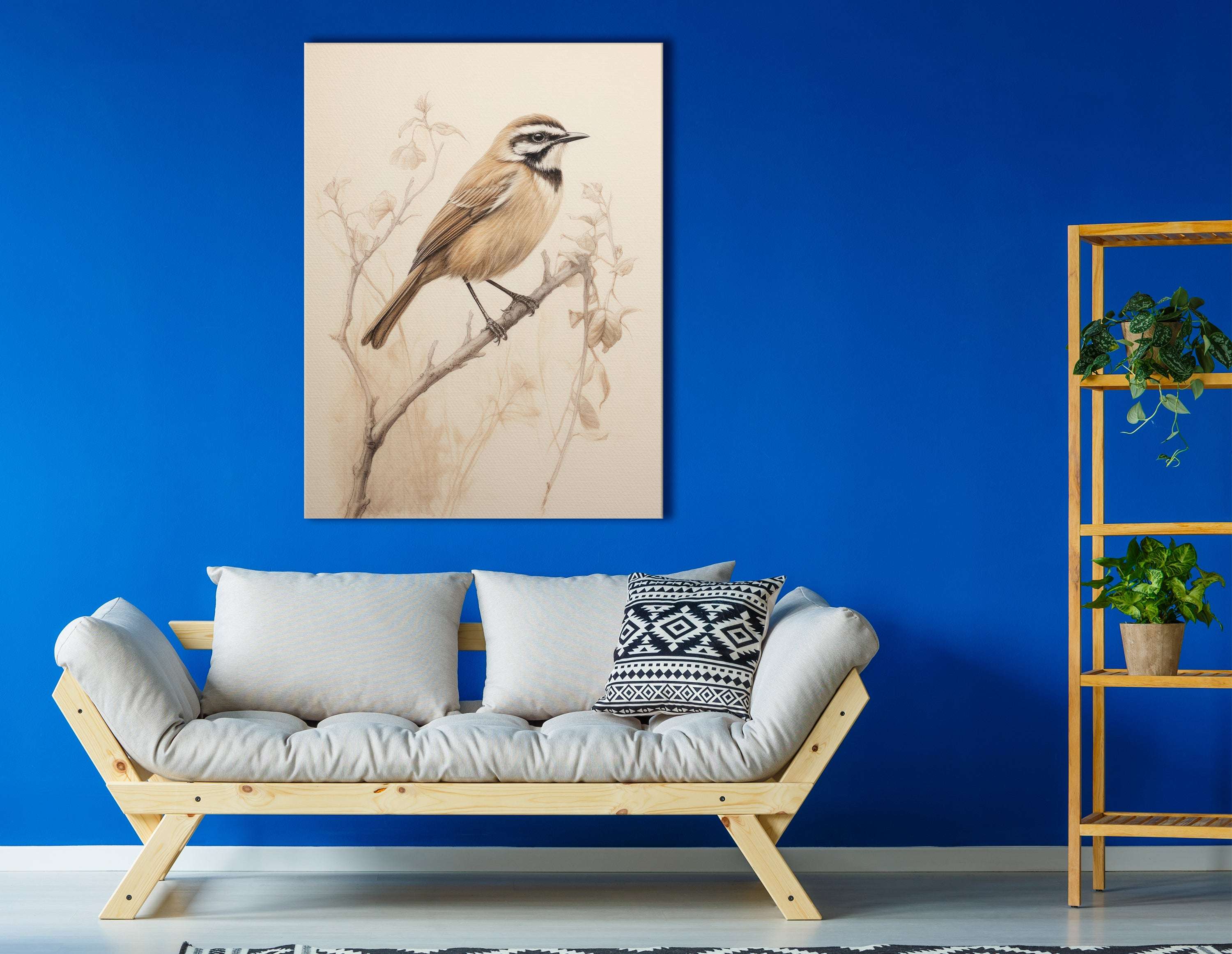 Delicate Bird Sketch Amidst Subtle Blooms - Canvas Print - Artoholica Ready to Hang Canvas Print