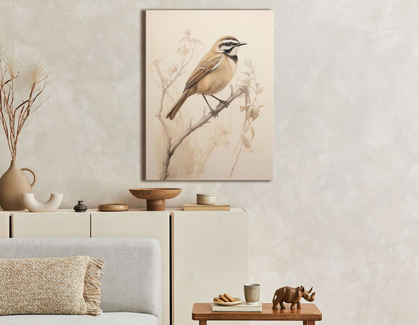 Delicate Bird Sketch Amidst Subtle Blooms - Canvas Print - Artoholica Ready to Hang Canvas Print