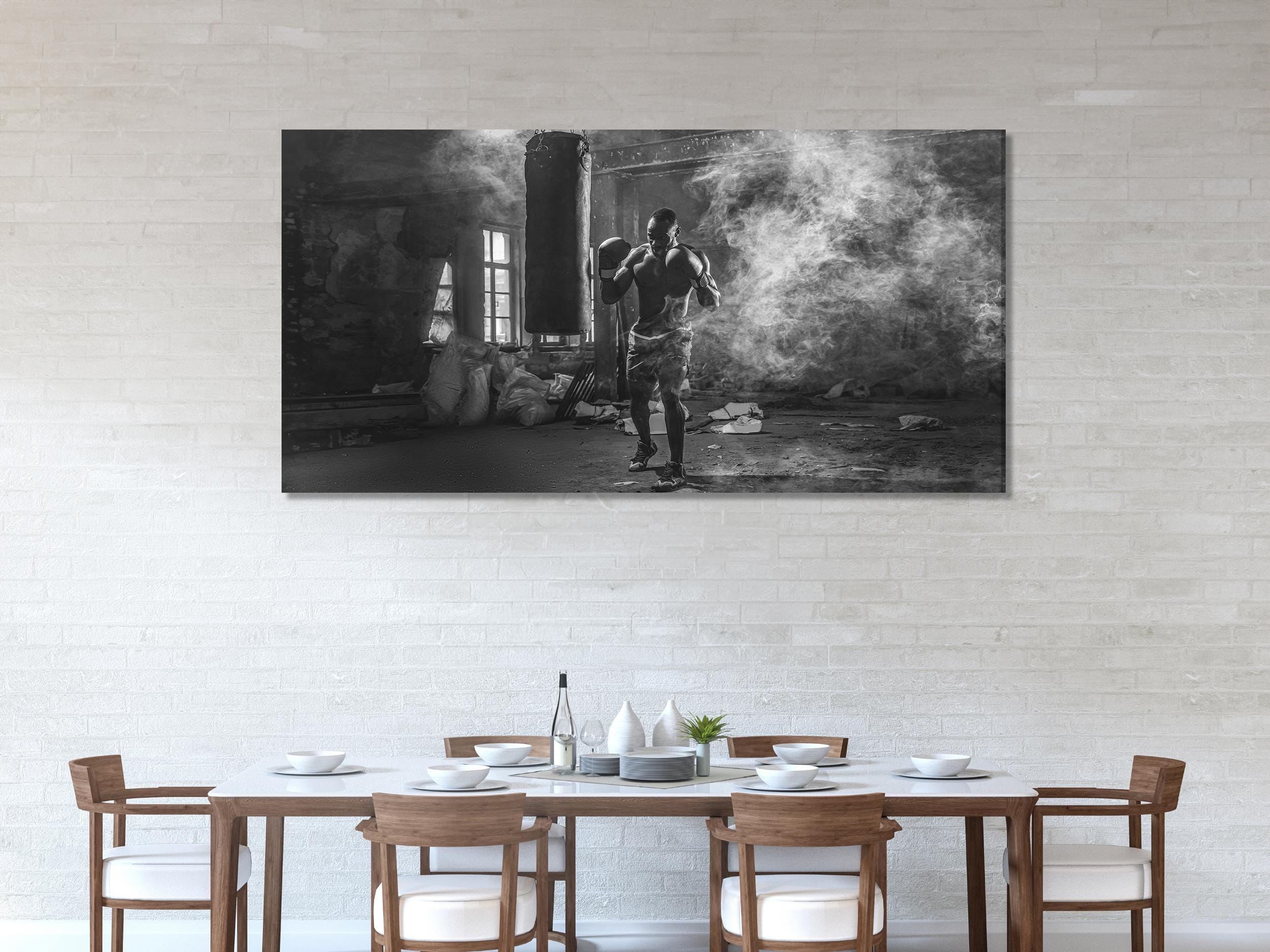 Boxing Canvas Print, Black and White Gym Art, Fighter Training Wall Decor, Intense Workout Scene, Vintage Industrial Boxing Artwork for Gym