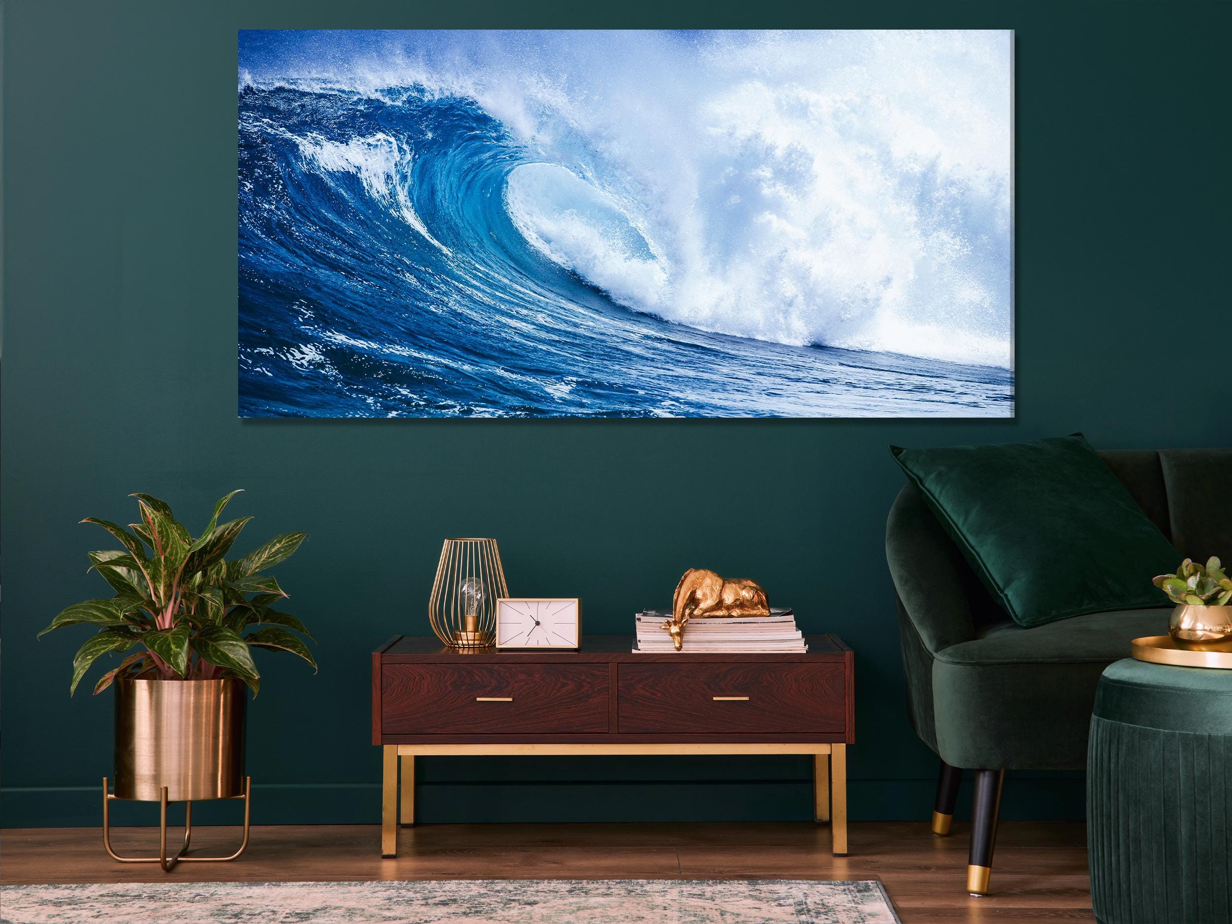 Majestic surf canvas print featuring a powerful wave curling in crystal-clear waters, offering a dynamic painting for those seeking bold sea-themed wall art.