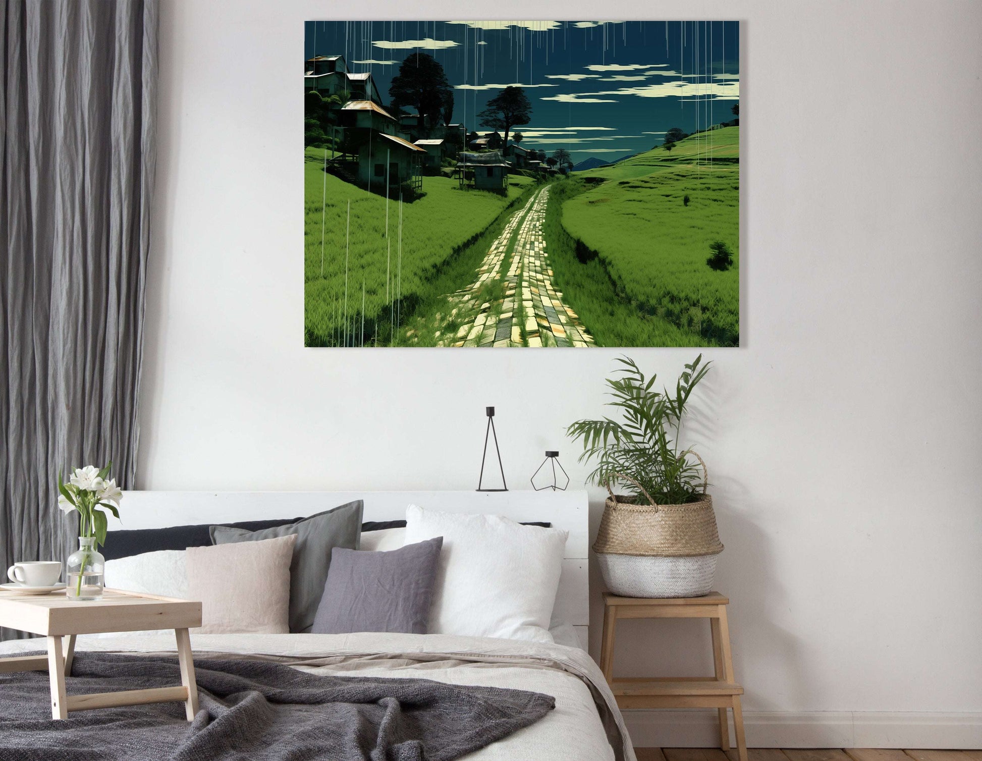 Digital Village Scene with Cobblestone Path - Canvas Print - Artoholica Ready to Hang Canvas Print