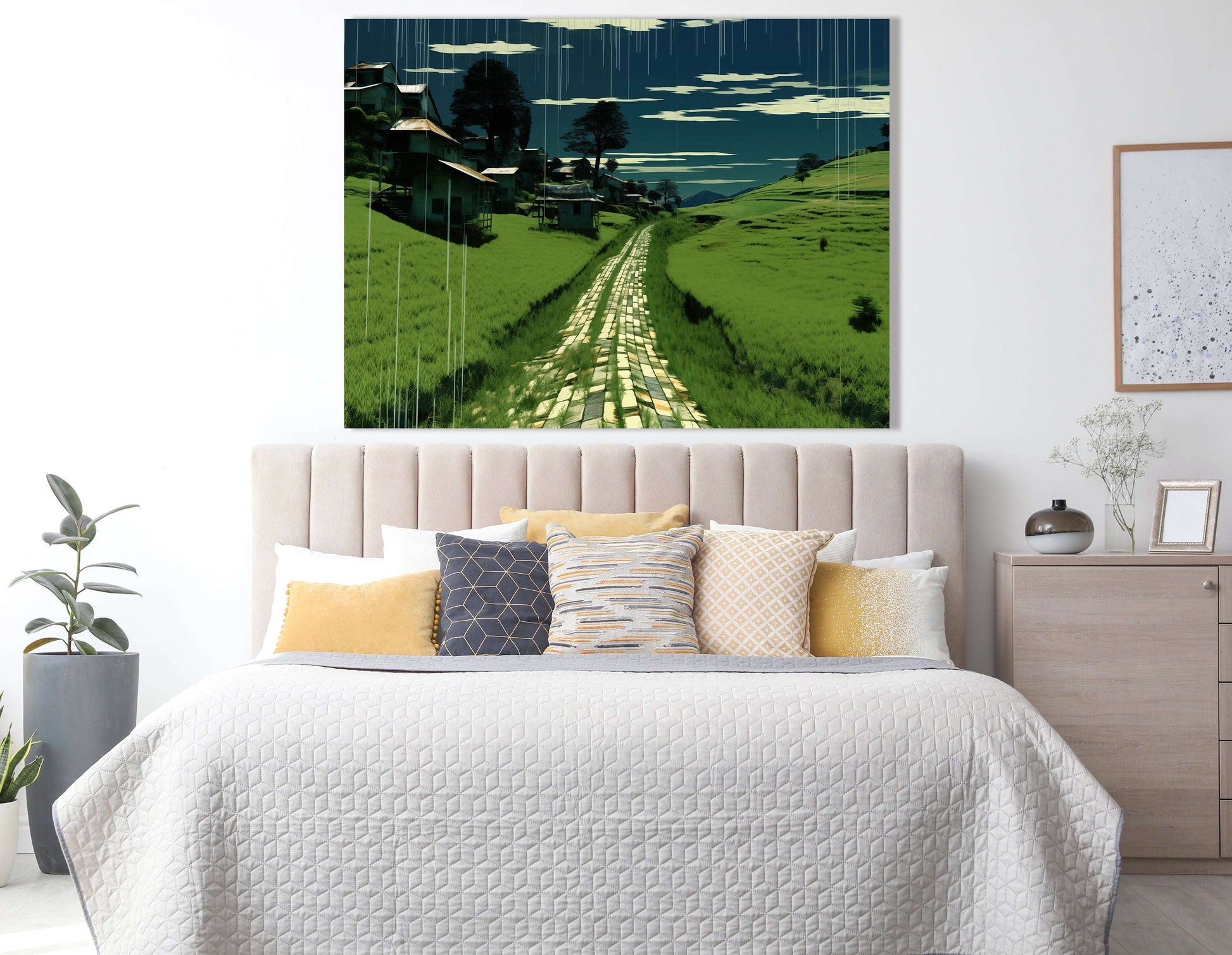 Digital Village Scene with Cobblestone Path - Canvas Print - Artoholica Ready to Hang Canvas Print