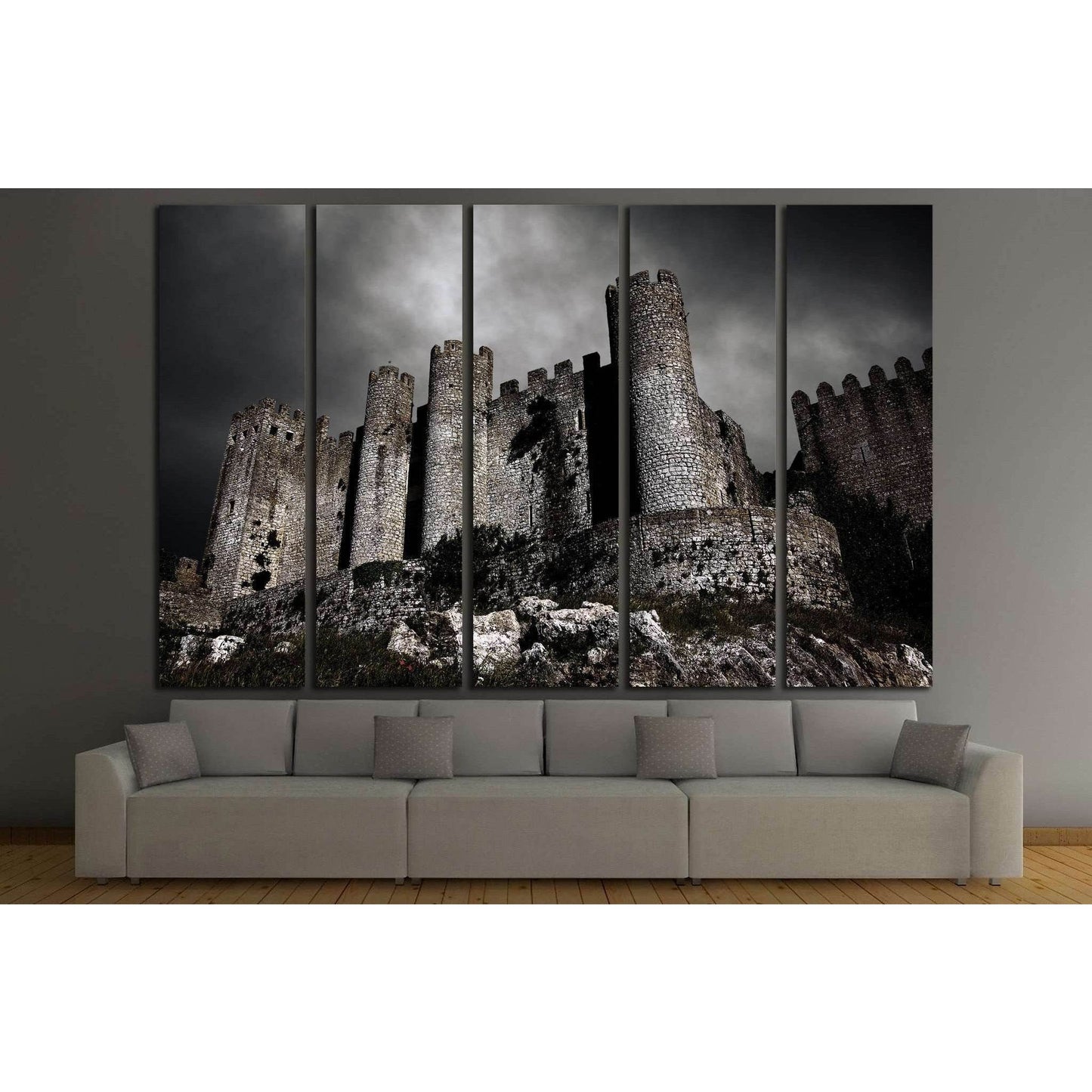 Medieval Castle Under Brooding Sky Canvas Print for Historic DecorThis canvas print portrays an imposing medieval castle set against a dramatic sky, evoking a sense of history and timeless strength. The moody atmosphere captured in this image makes it a c