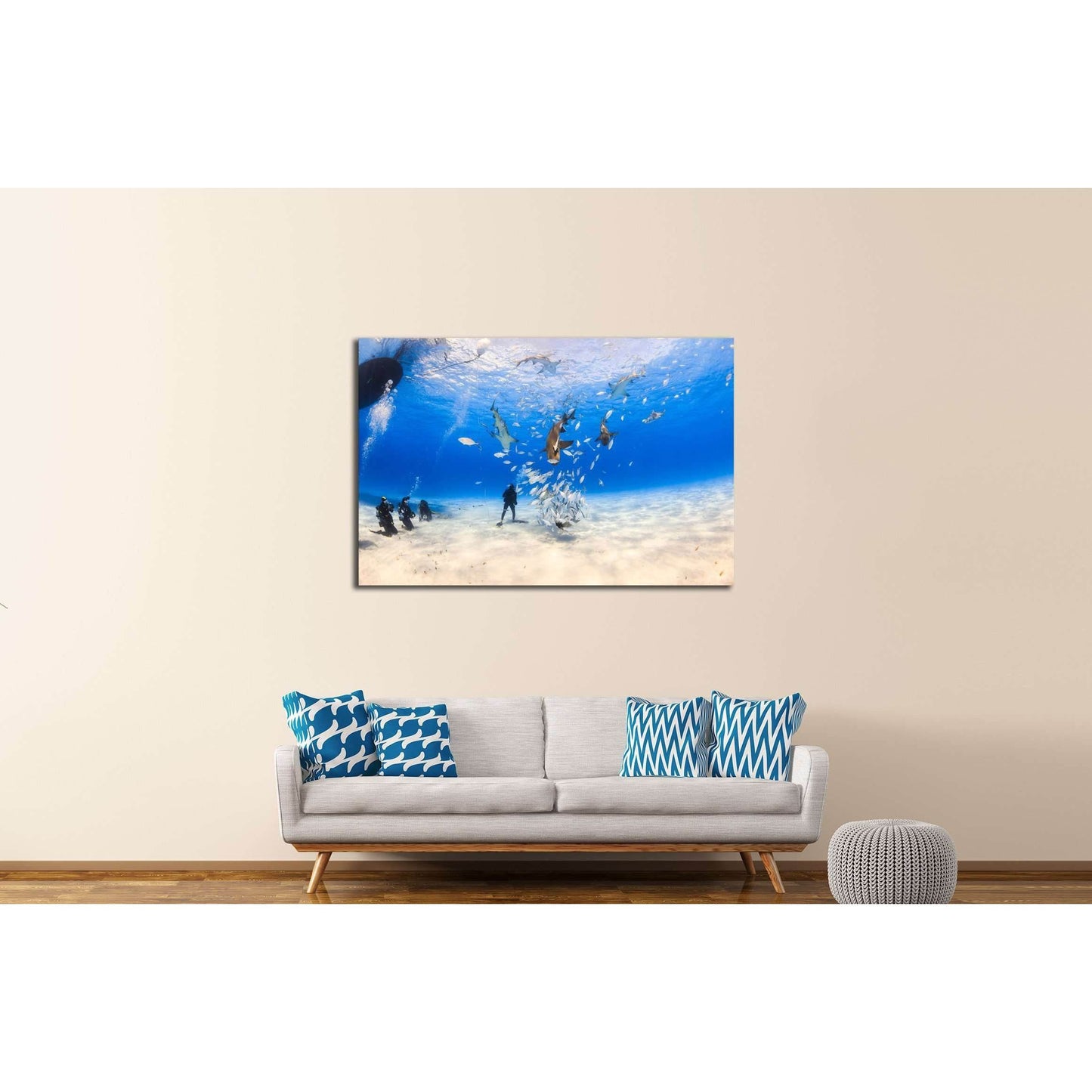 Diver surrounded by Lemon shark and caribbean reef shark on shallow clear water at Tiger beach, Bahamas №2372 Ready to Hang Canvas PrintCanvas art arrives ready to hang, with hanging accessories included and no additional framing required. Every canvas pr